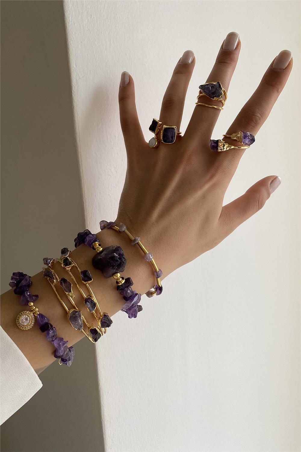 Amatist Taşı Tasarım Bileklik Seti (Tüm Set)