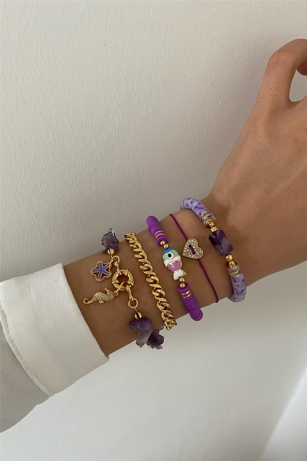 Amatist Taşı Tasarım Bileklik Seti (Tüm Set)