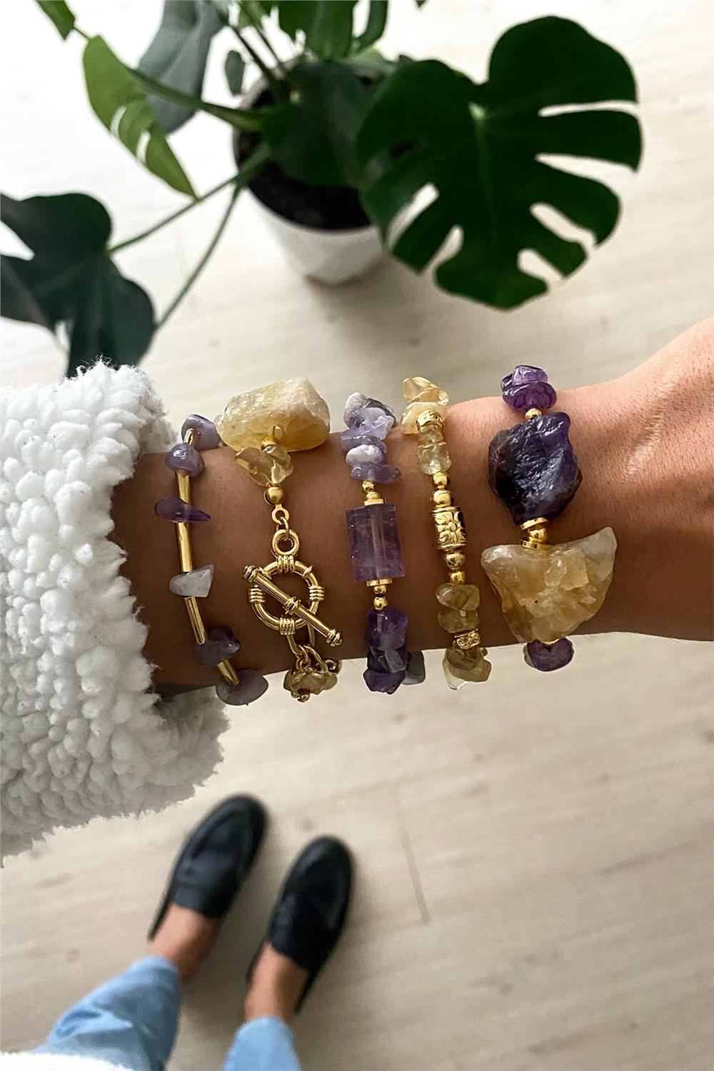 Amatist&Sitrin Taşı Tasarım Bileklik Seti (Tüm Set)
