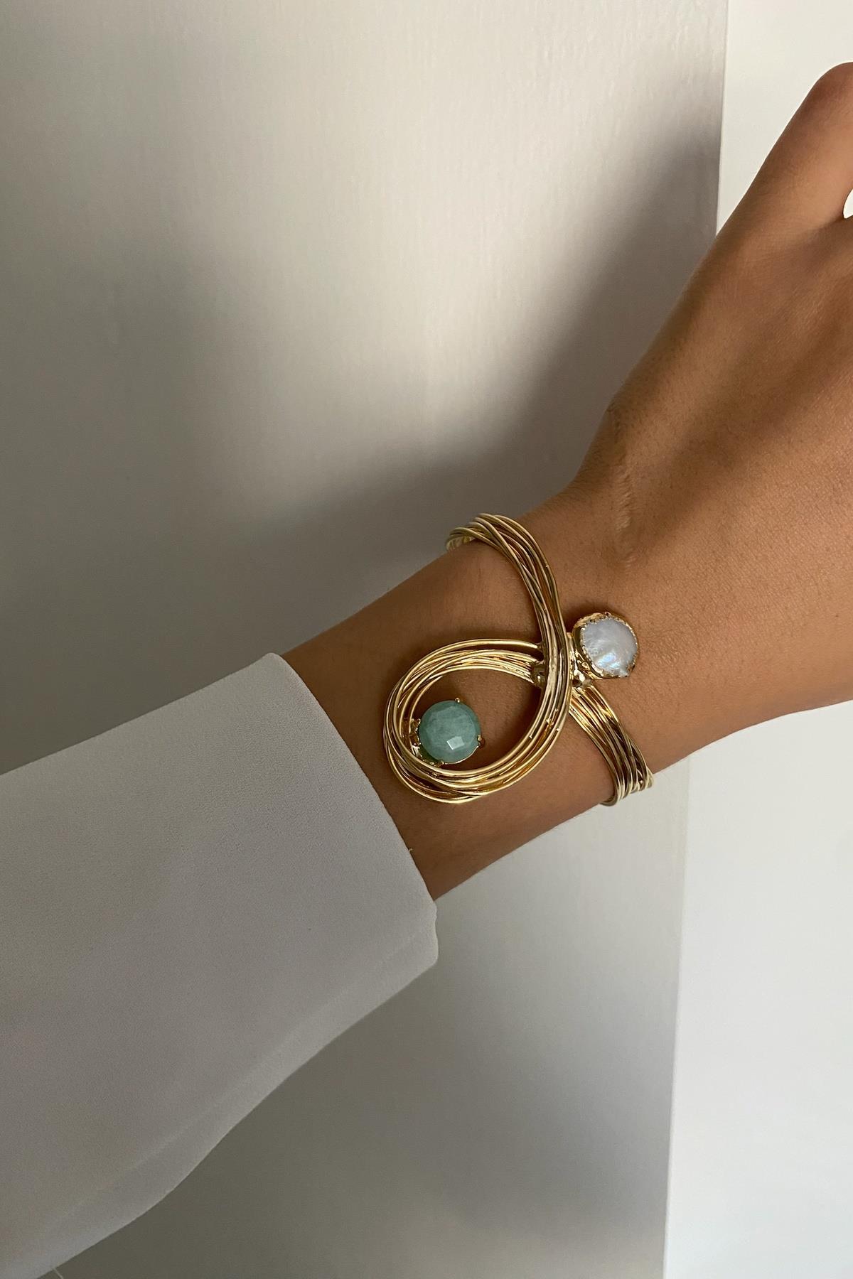 Amazonit & İnci Kelepçe  Bileklik 