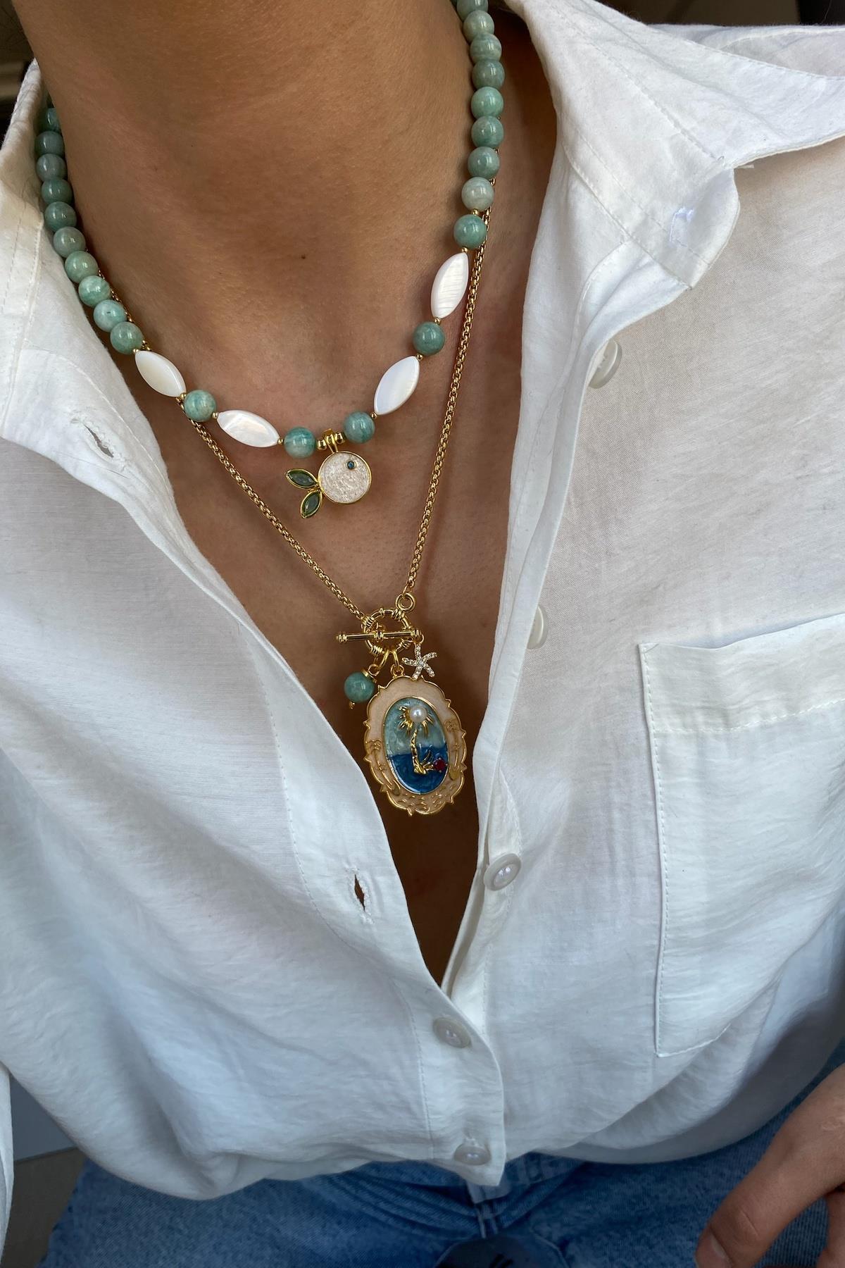 Amazonit & Sedef Taşı Tasarım Kolye Seti (Tüm Set)