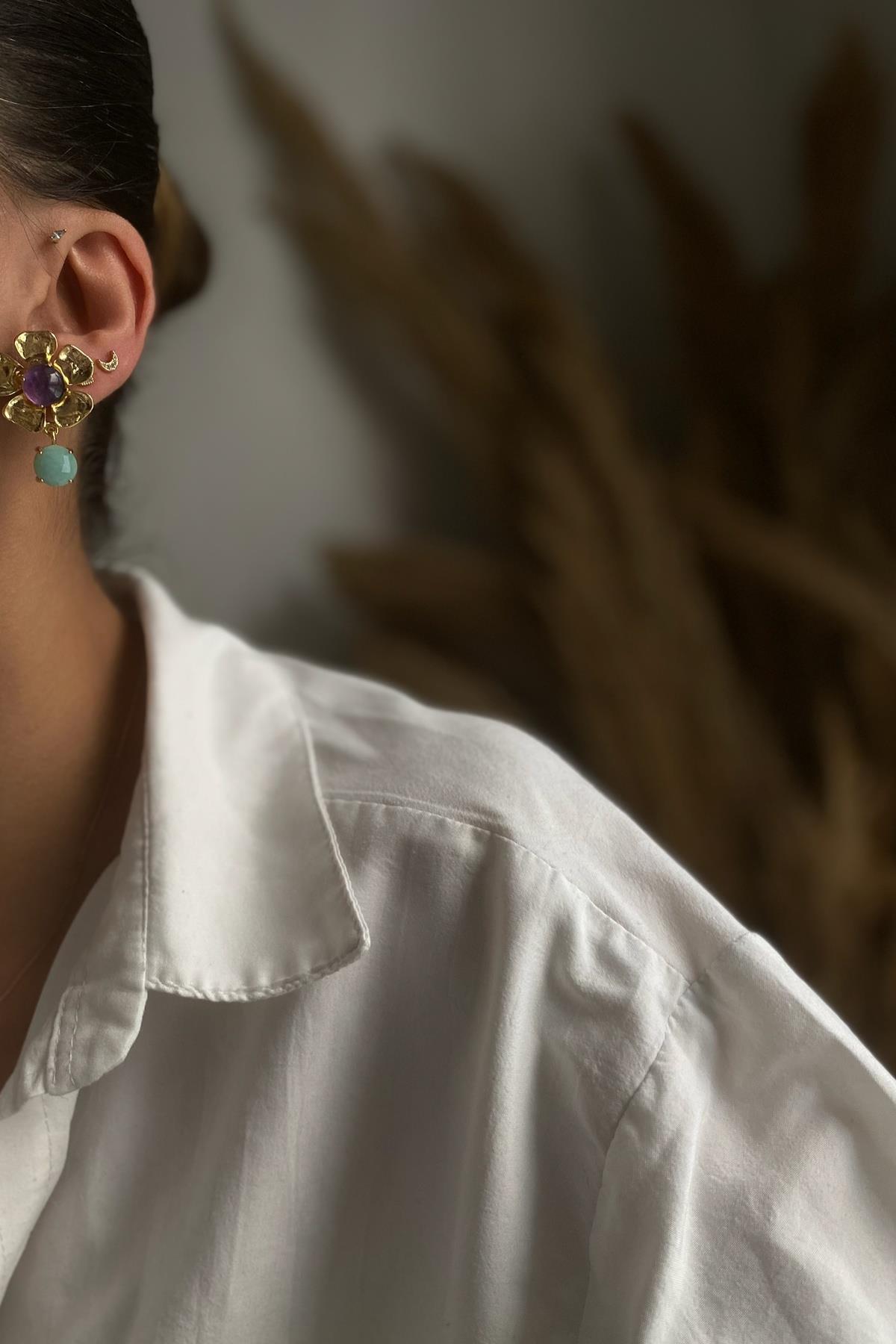 Ametist & Amazonit Taşı Çiçekli Tasarım  Küpe 