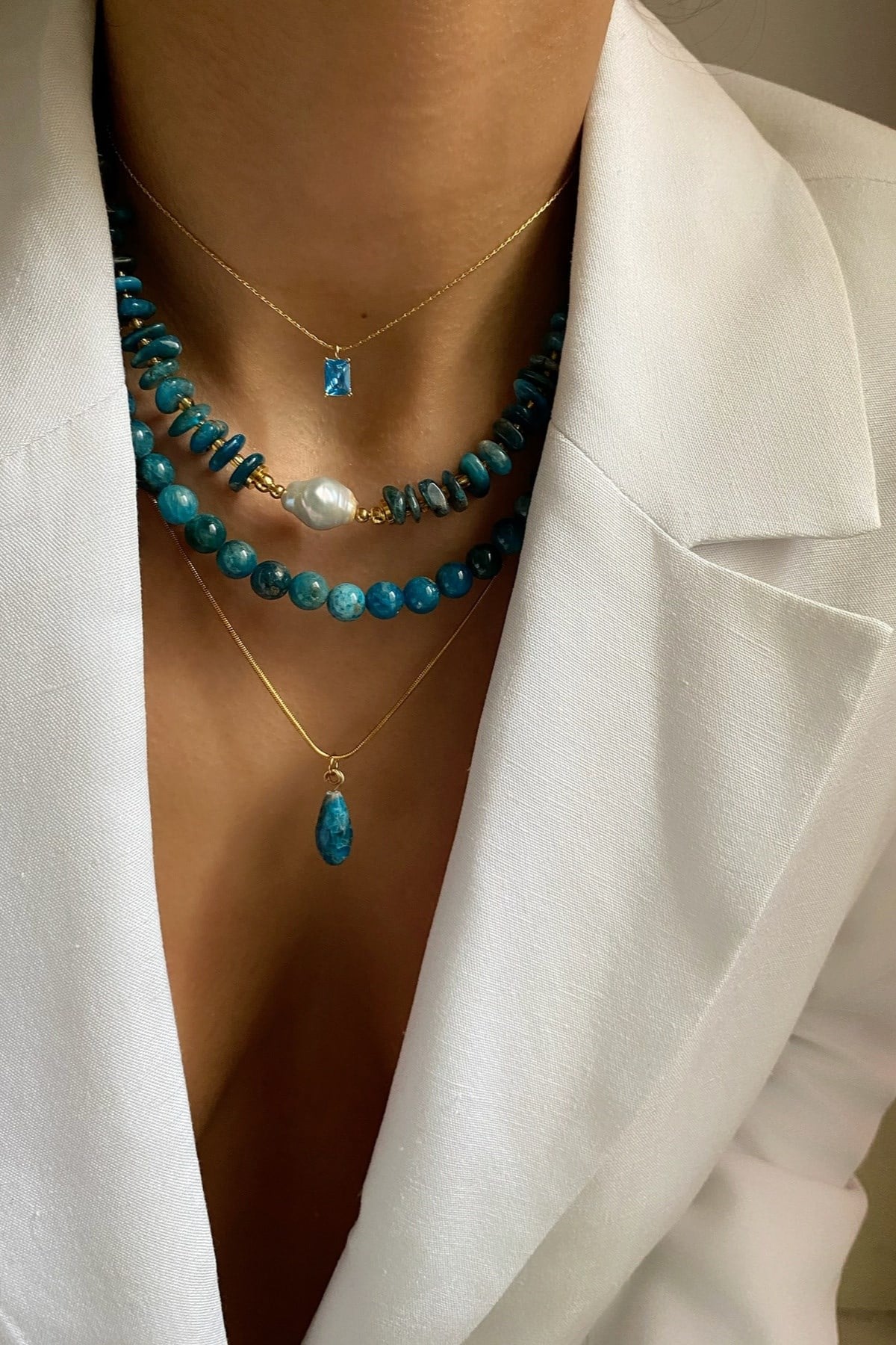 Apatit  Taşı Tasarım Kolye Seti (Tüm Set)