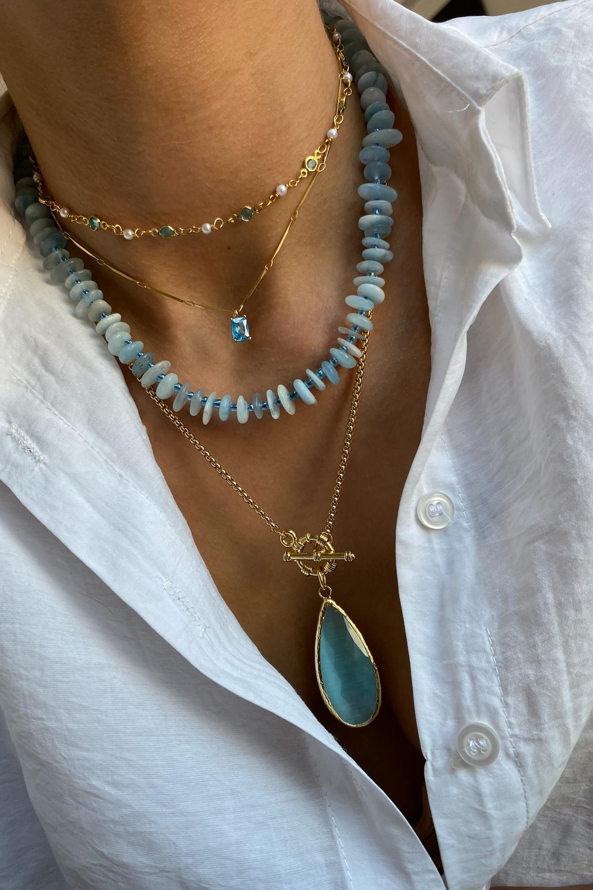 Aqua Marine  Taşı Kolye Seti