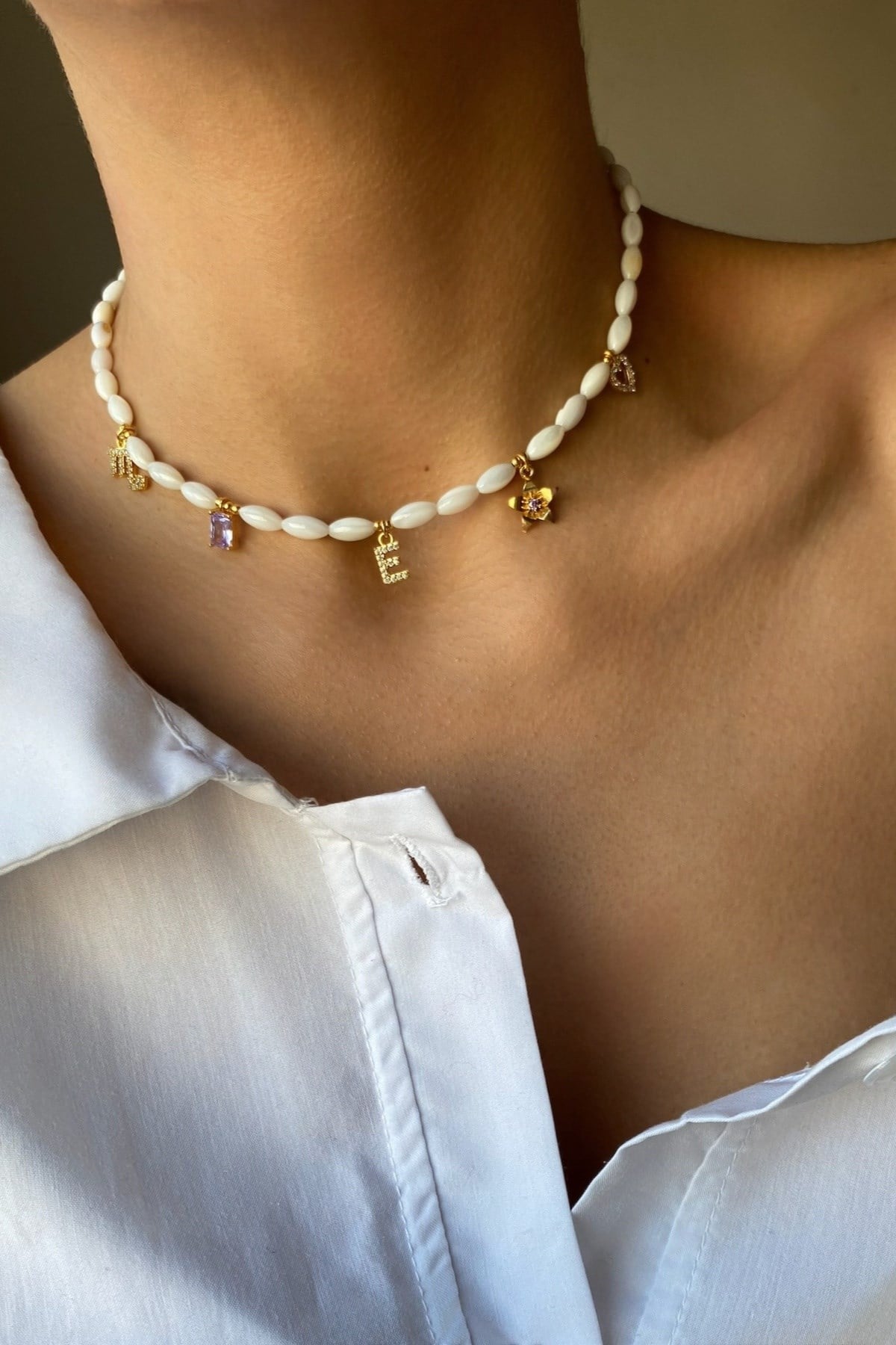 Arpa Kesim Sedef Taşı Choker Charm  Kolye