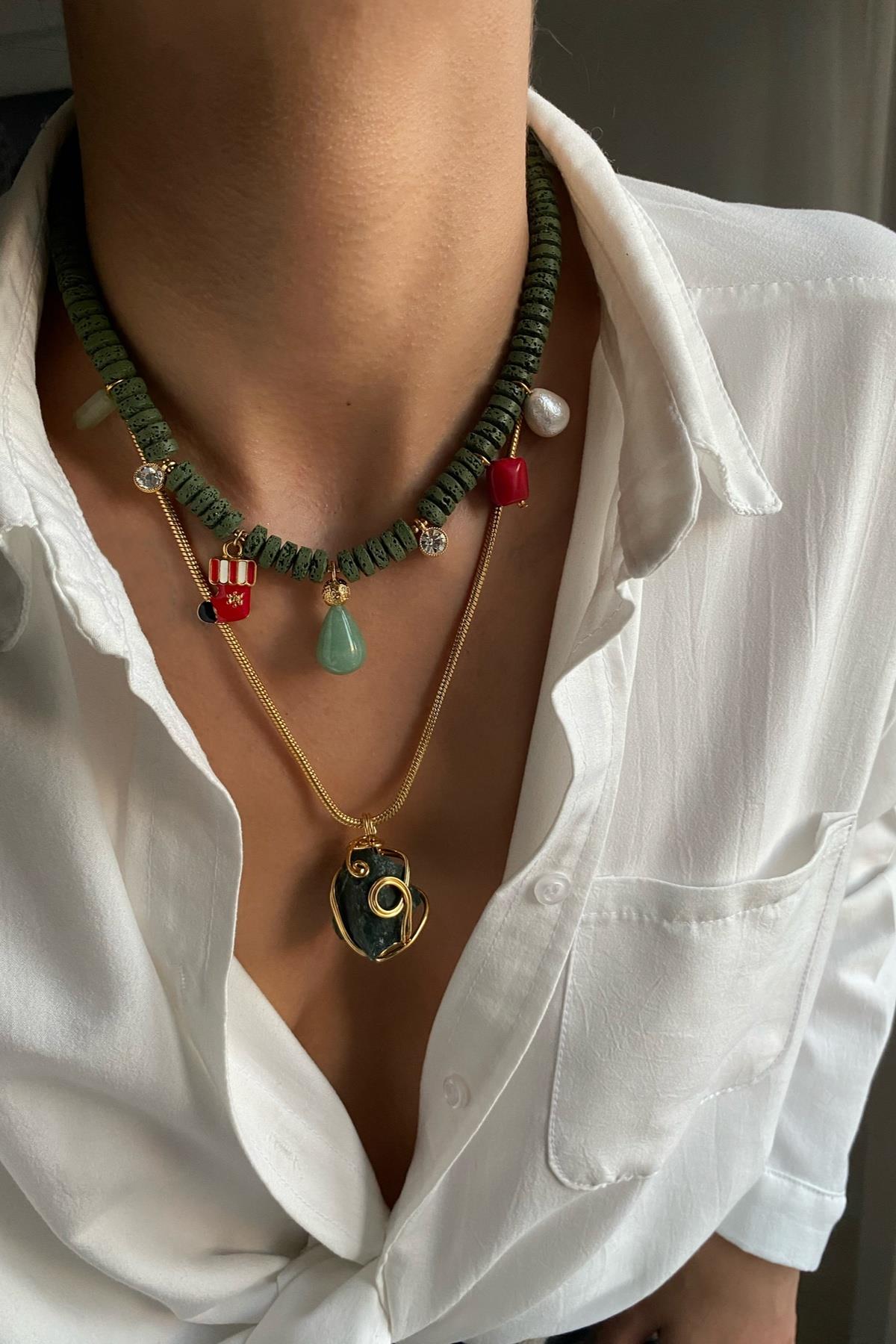 Aventurin & Yosunlu Akik Kolye Seti (Tüm Set) 