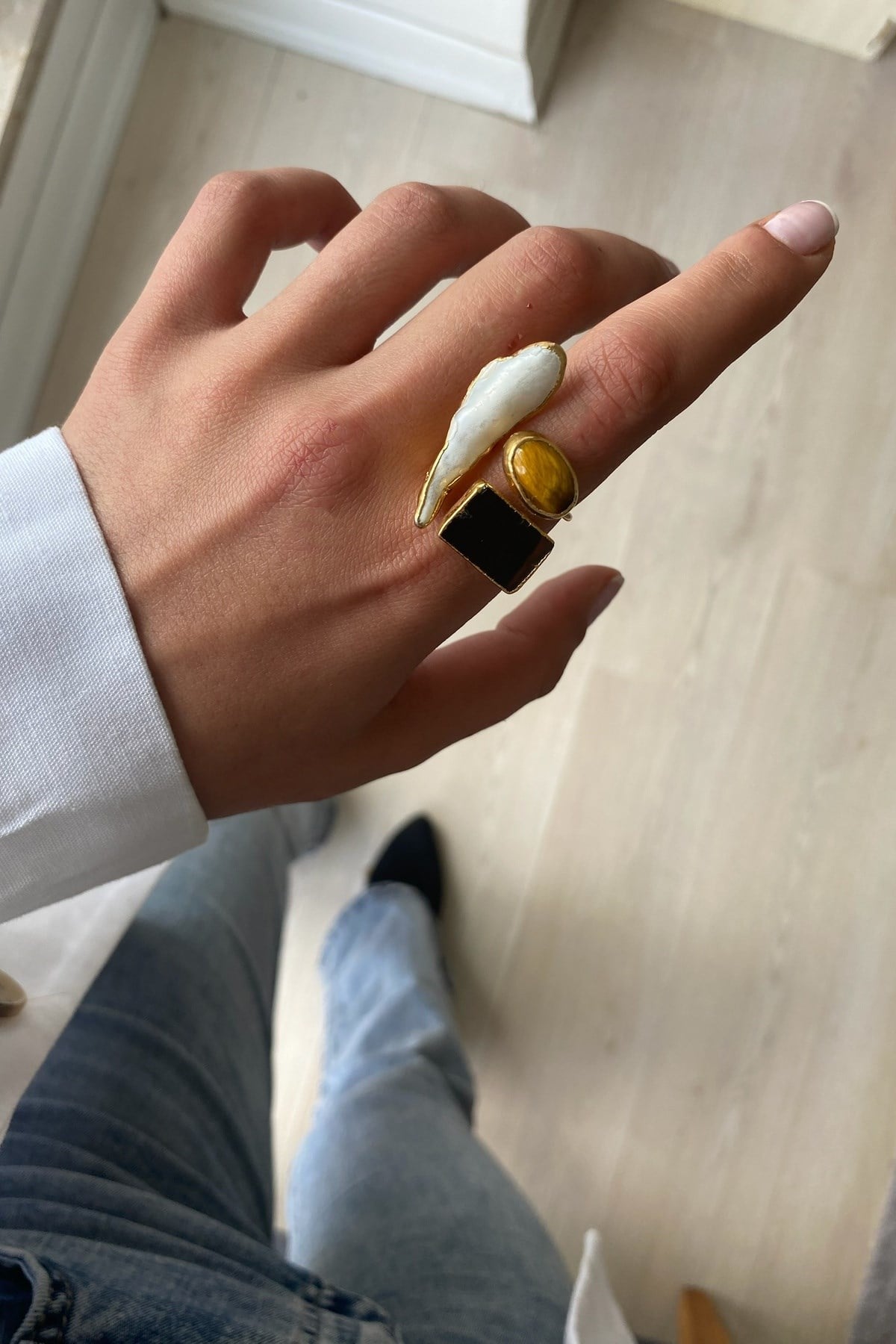 Barok İnci & Akik &Kaplan Gözü Yüzük Seti 