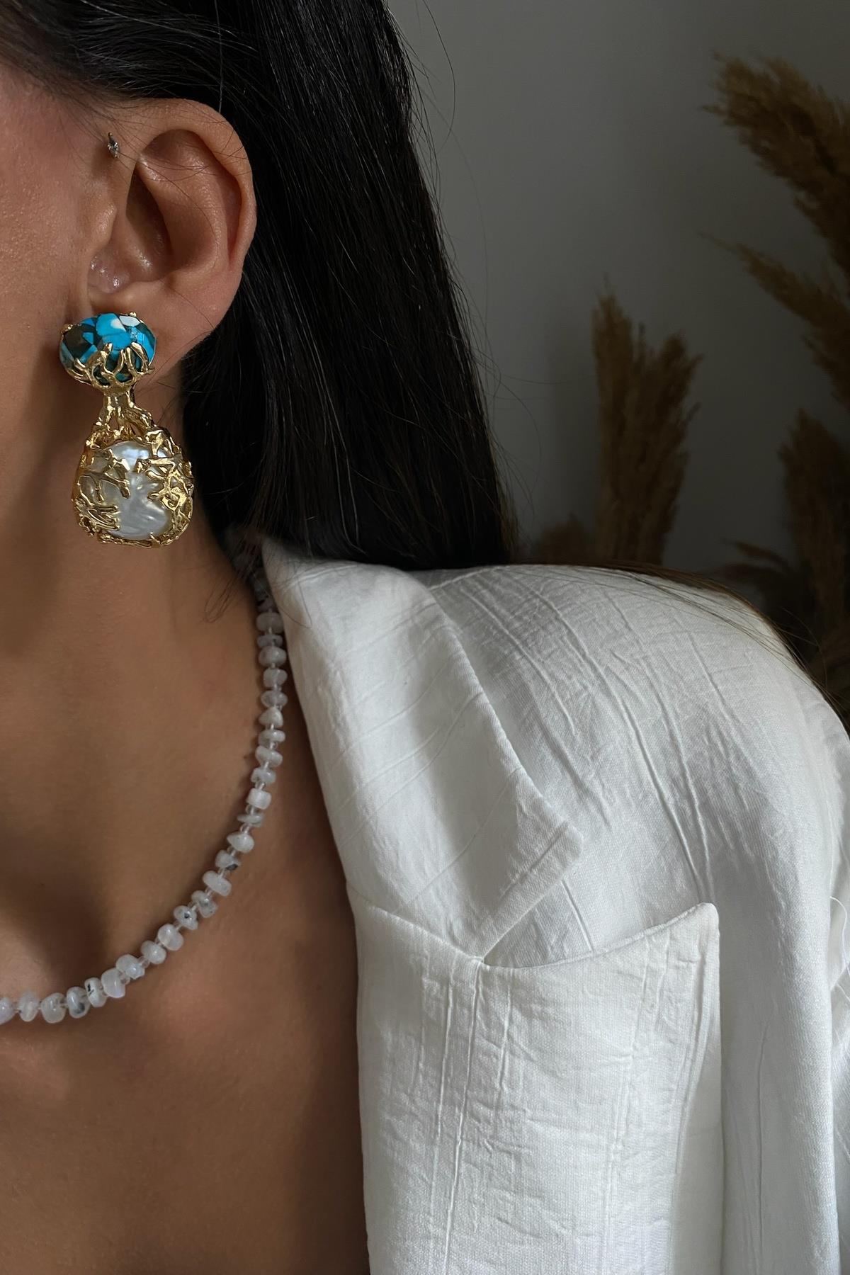 Firuze & Barok İnci  Tasarım  Küpe 