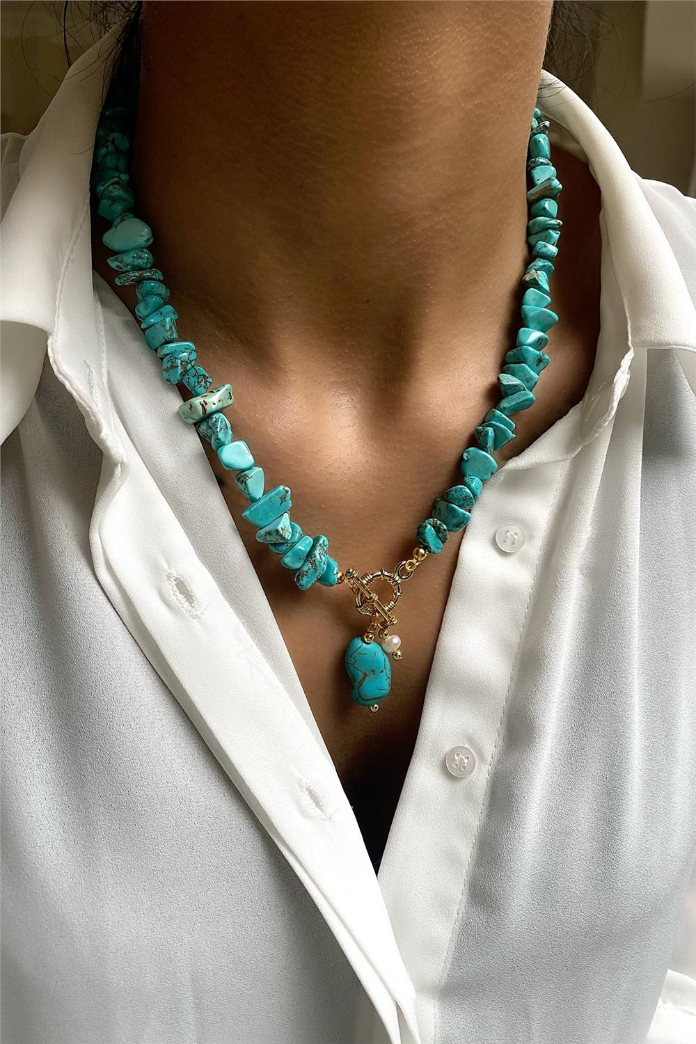 Firuze Taşı İncili Tasarım Kolye