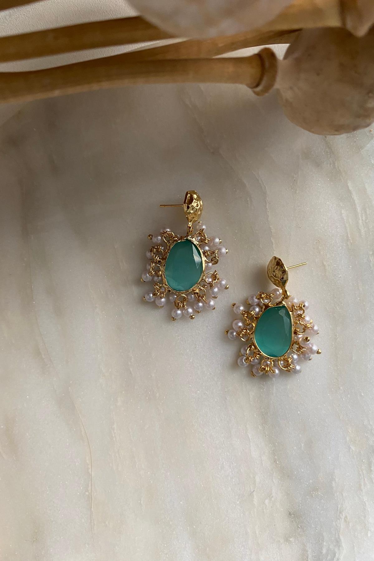 İncili Yeşil Kedi Gözü Küpe