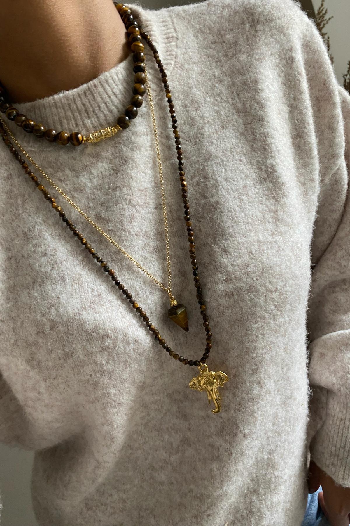 Kaplan Gözü Taşı Tasarım Kolye  Seti (Tüm Set) (10mm)