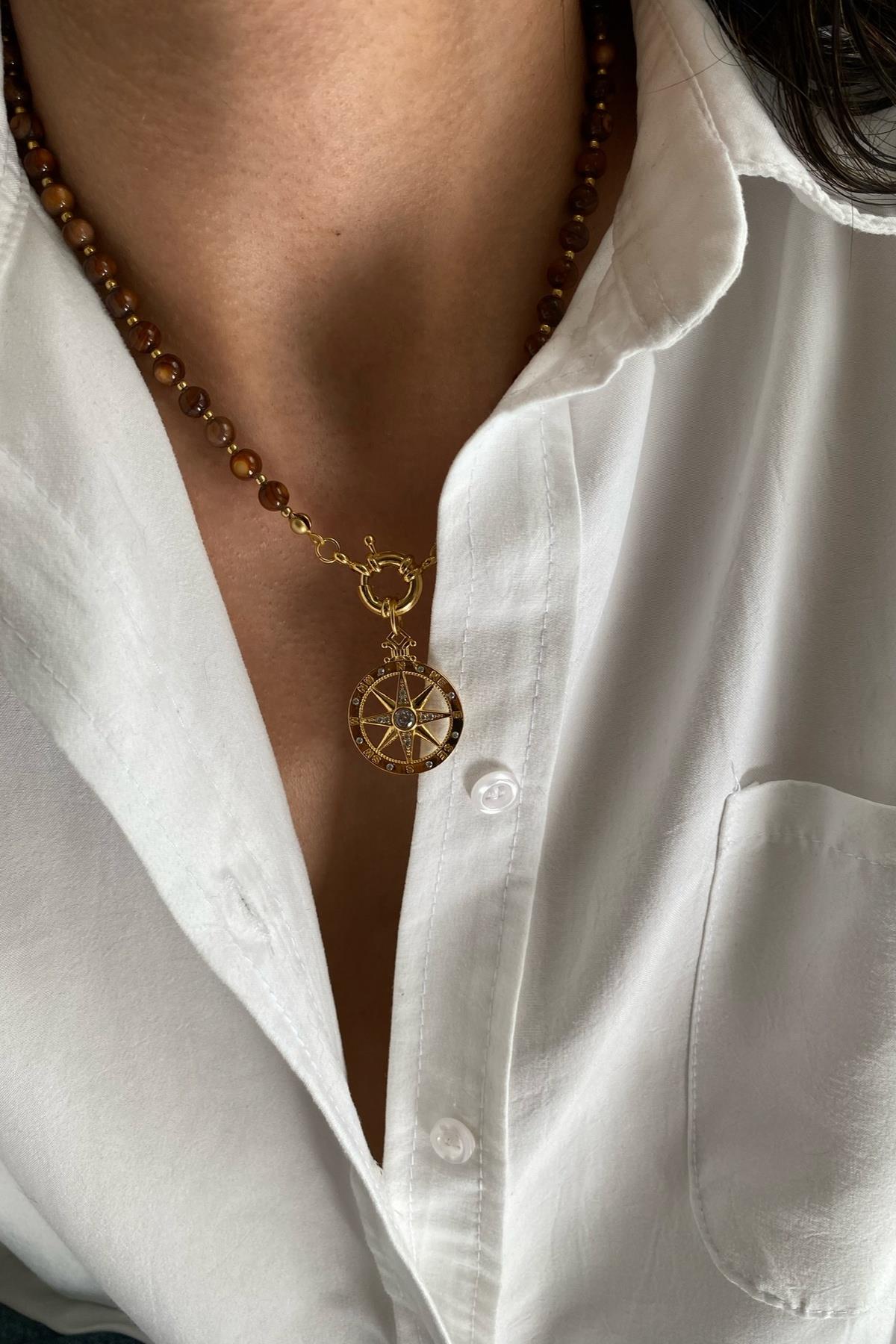 Kaplan Gözü Zirkonlu Pusula Kolye 