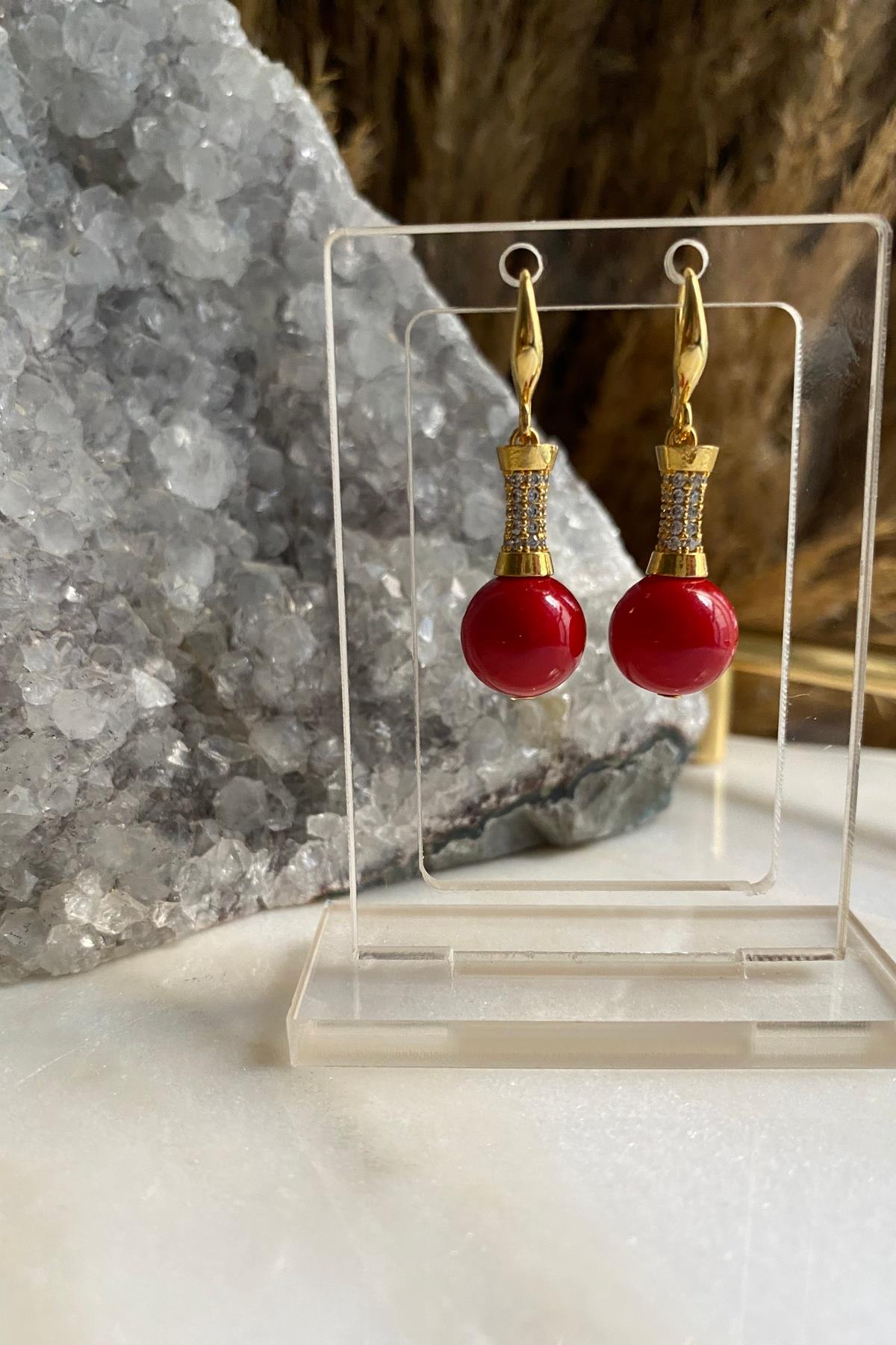 Kırmızı Zirkonlu Tasarım  Küpe 