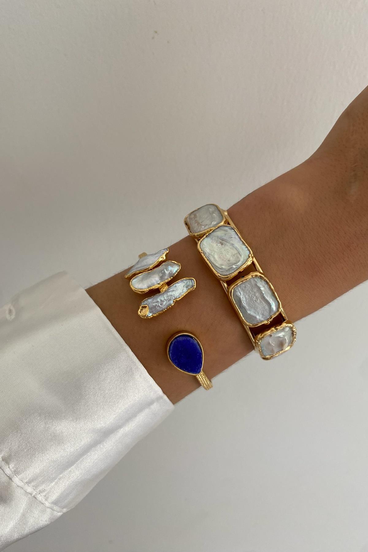 Lacivert Dürüze & Barok inci Kelepçe Bileklik Seti (Sınırlı Adet)