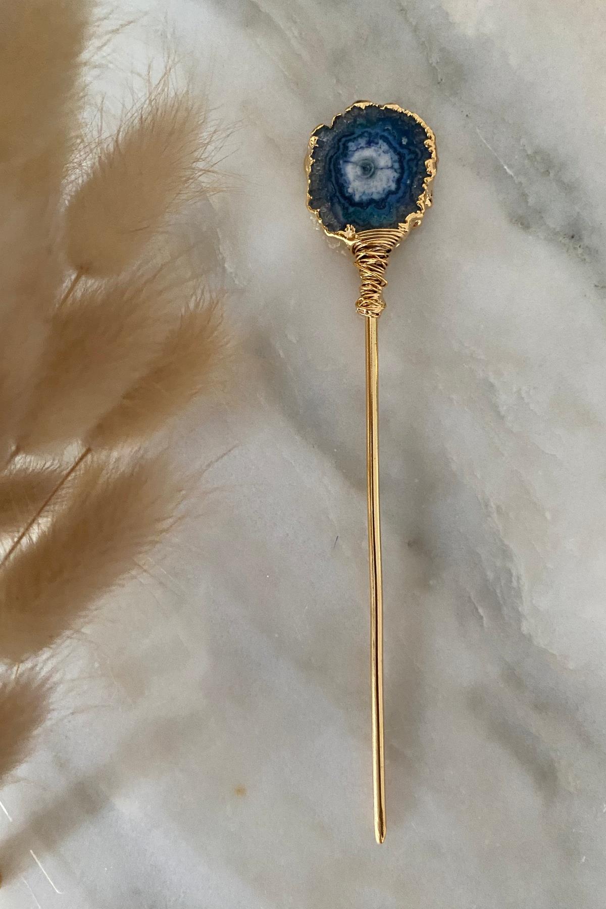 Mavi Agat Taşı Topuz Tokası