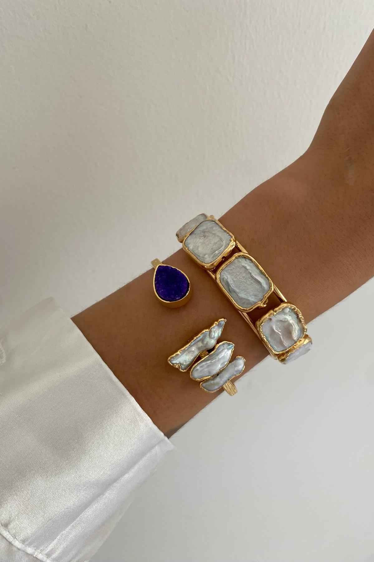 Mor Dürüze & Barok inci Kelepçe Bileklik Seti (Sınırlı Adet)