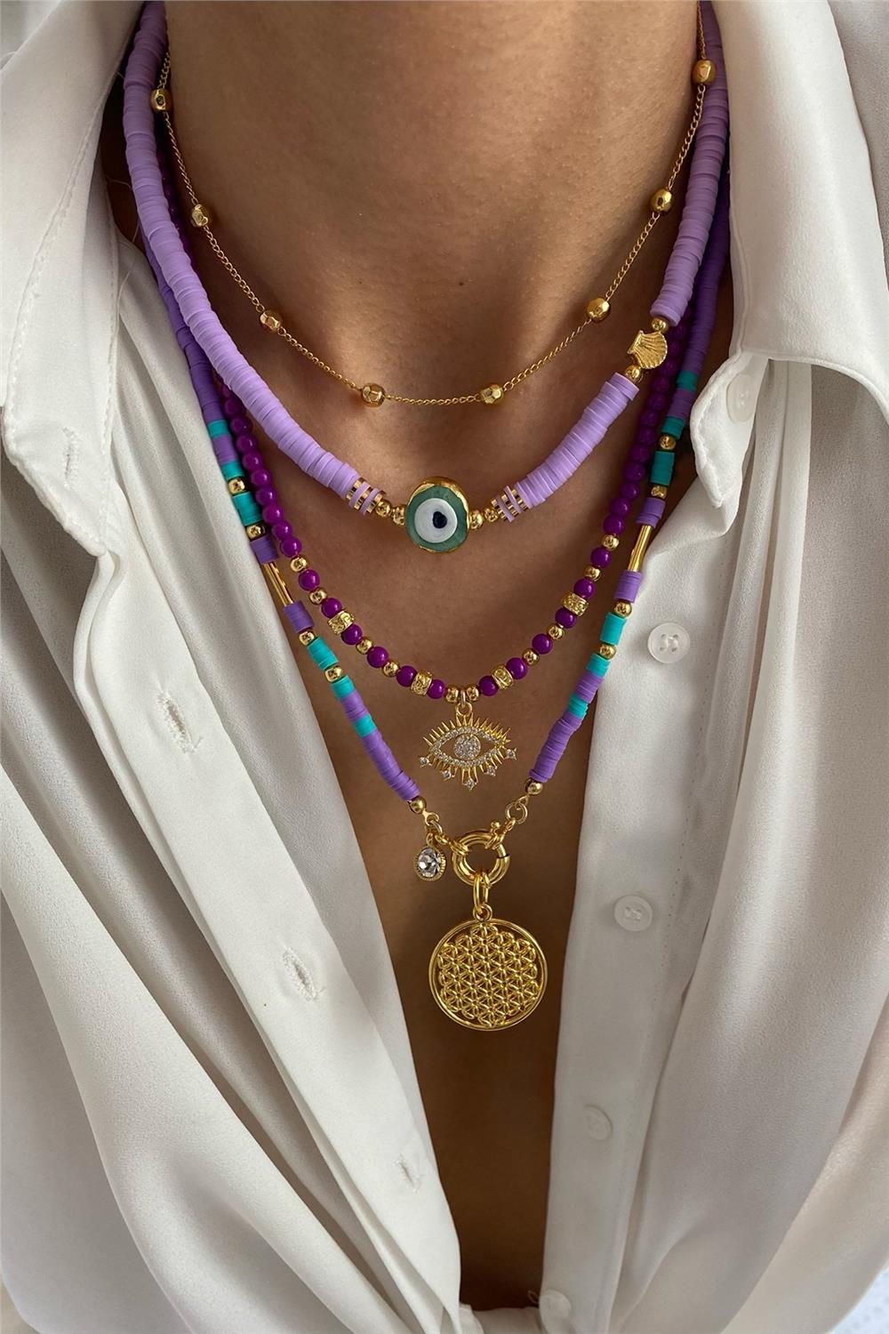 Mor Fimo Tasarım Kolye Seti (Tüm Set)