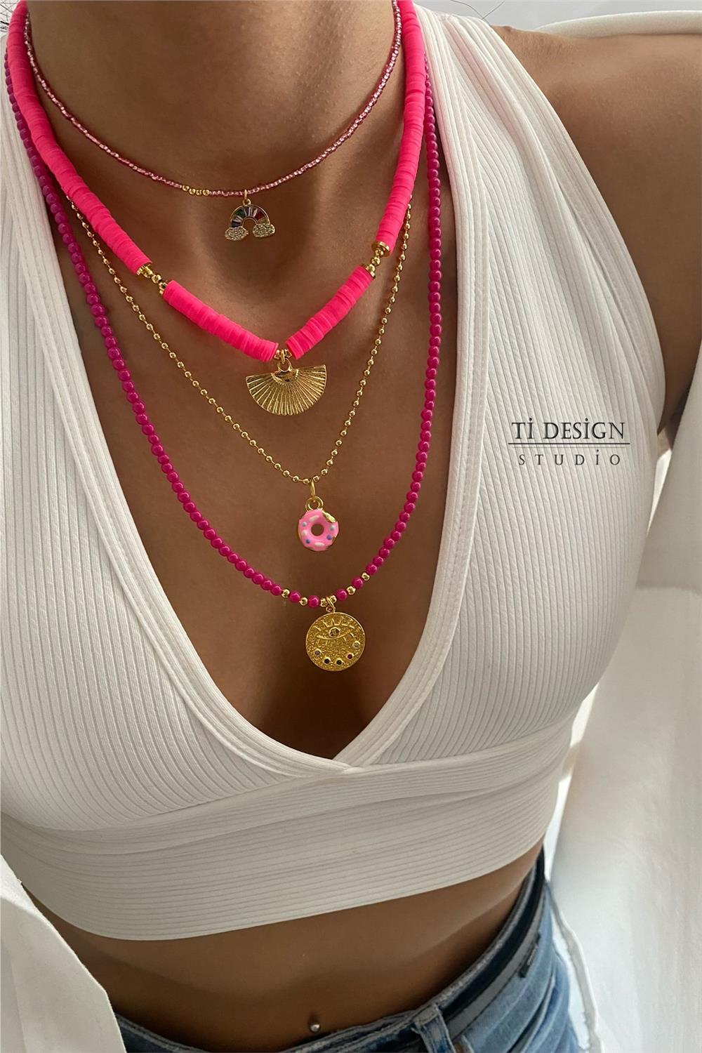 Pembe Fimo Tasarım Kolye Seti (Tüm Set)