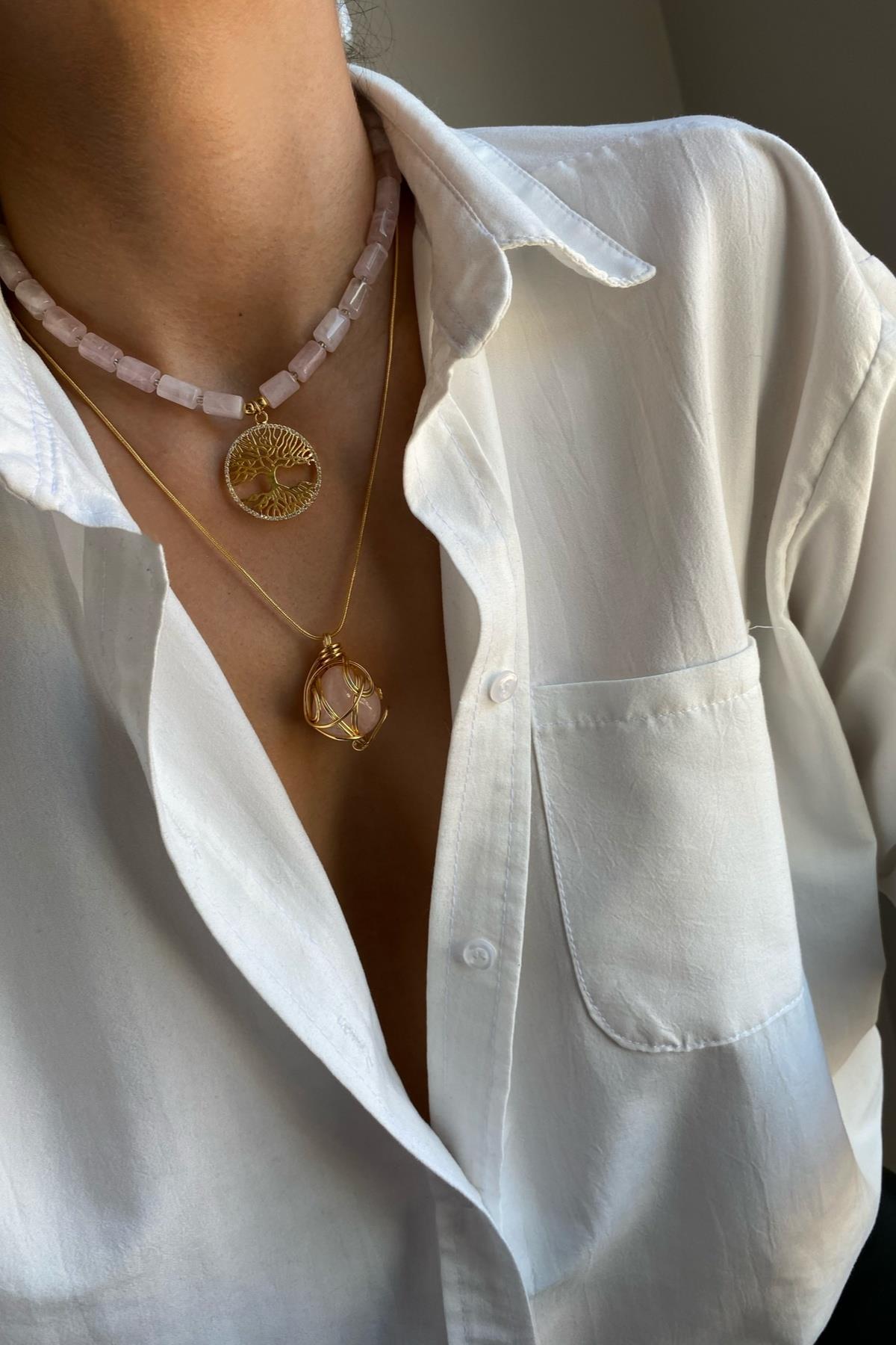 Pembe Kuvars Taşı Kolye Seti (Tüm Set)