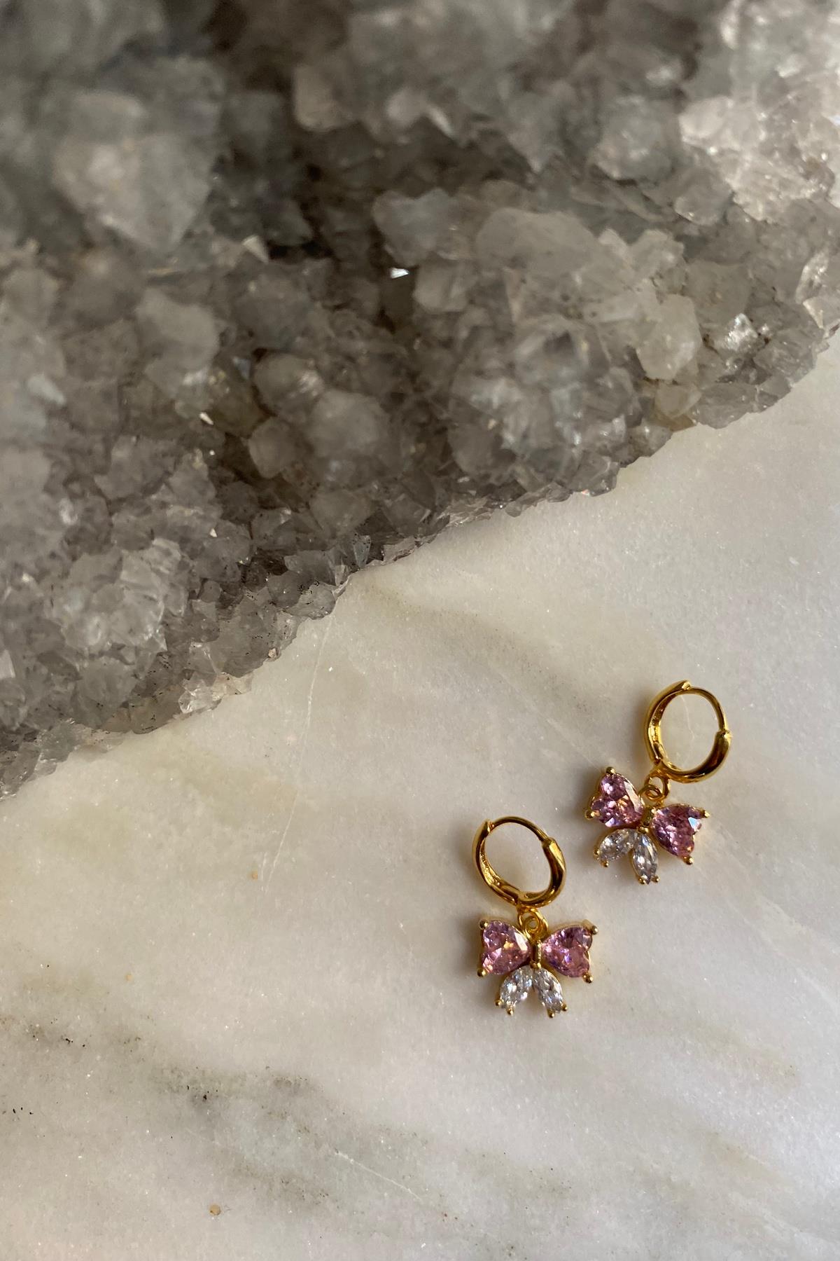 Pembe  Zirkonlu Fiyonk Tasarım  Küpe