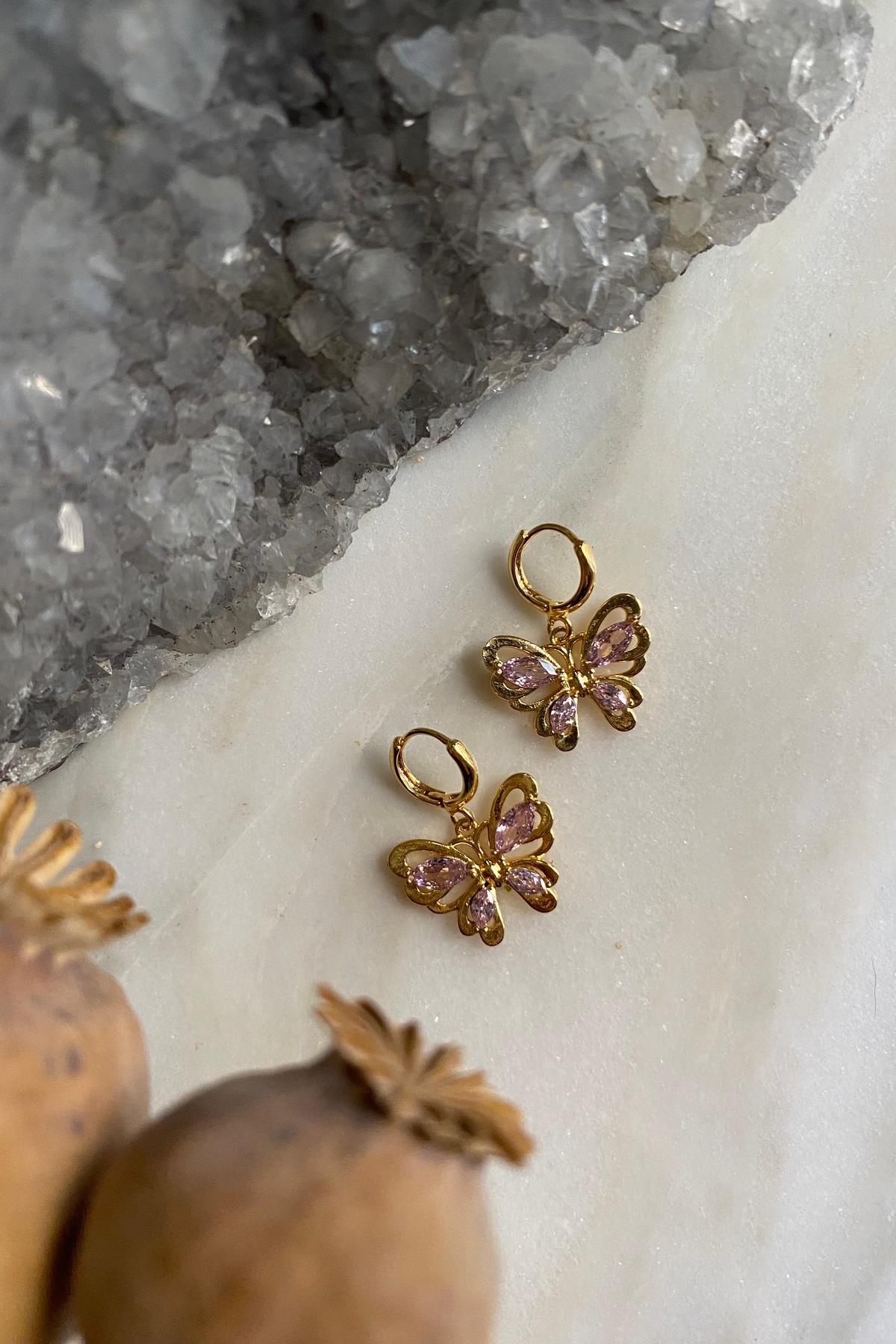 Pembe Zirkonlu Tasarım Kelebek Küpe