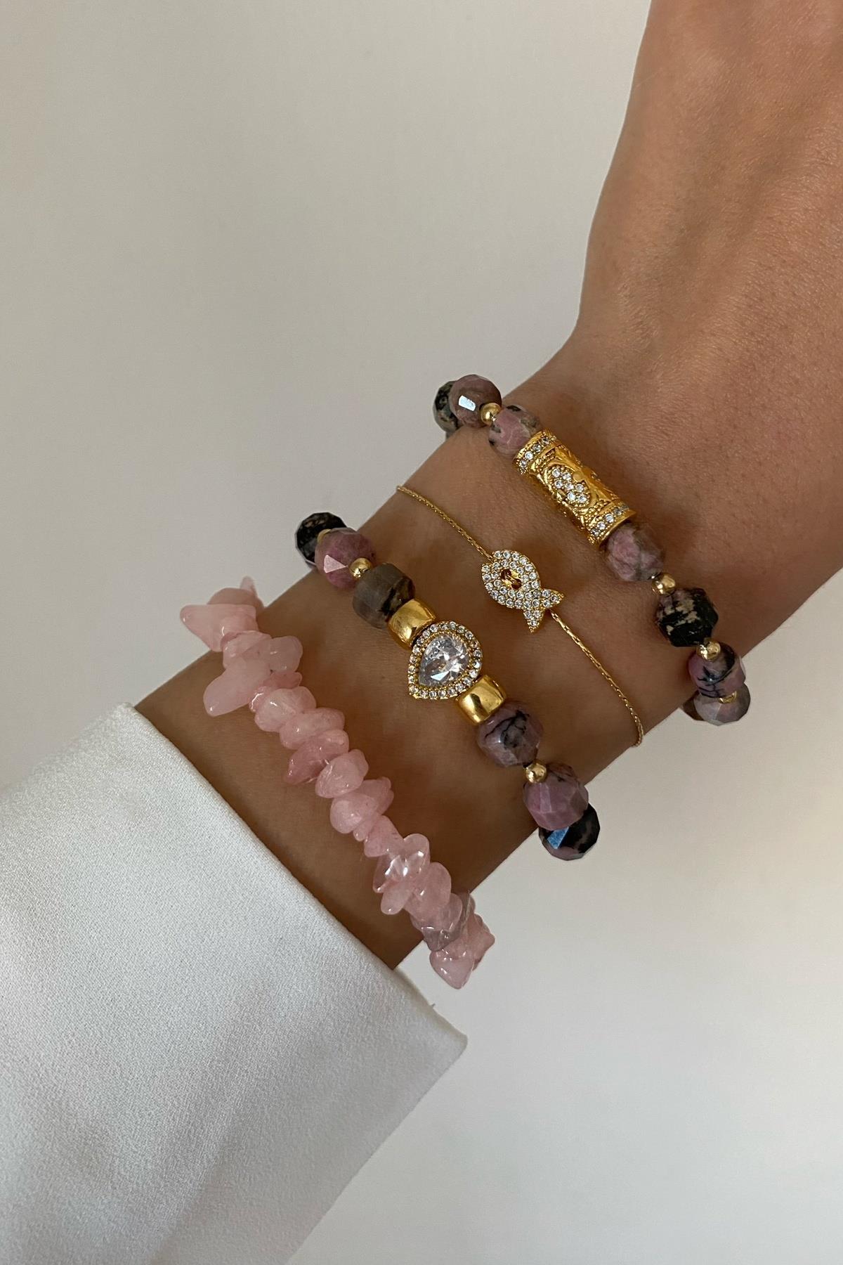 Rodanit & Pembe Kuvars Taşı Bileklik Seti (Tüm Set)