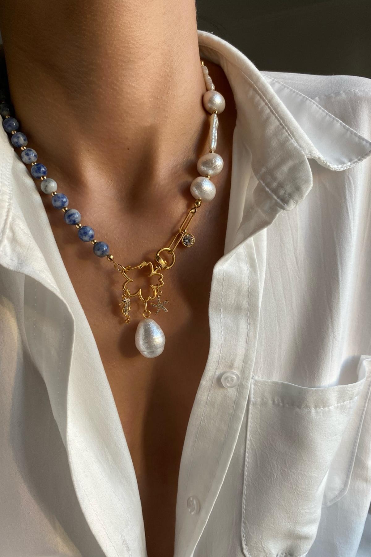 Sakız İnci & Sodalit Taşı Kolye Seti (Tüm Set) 