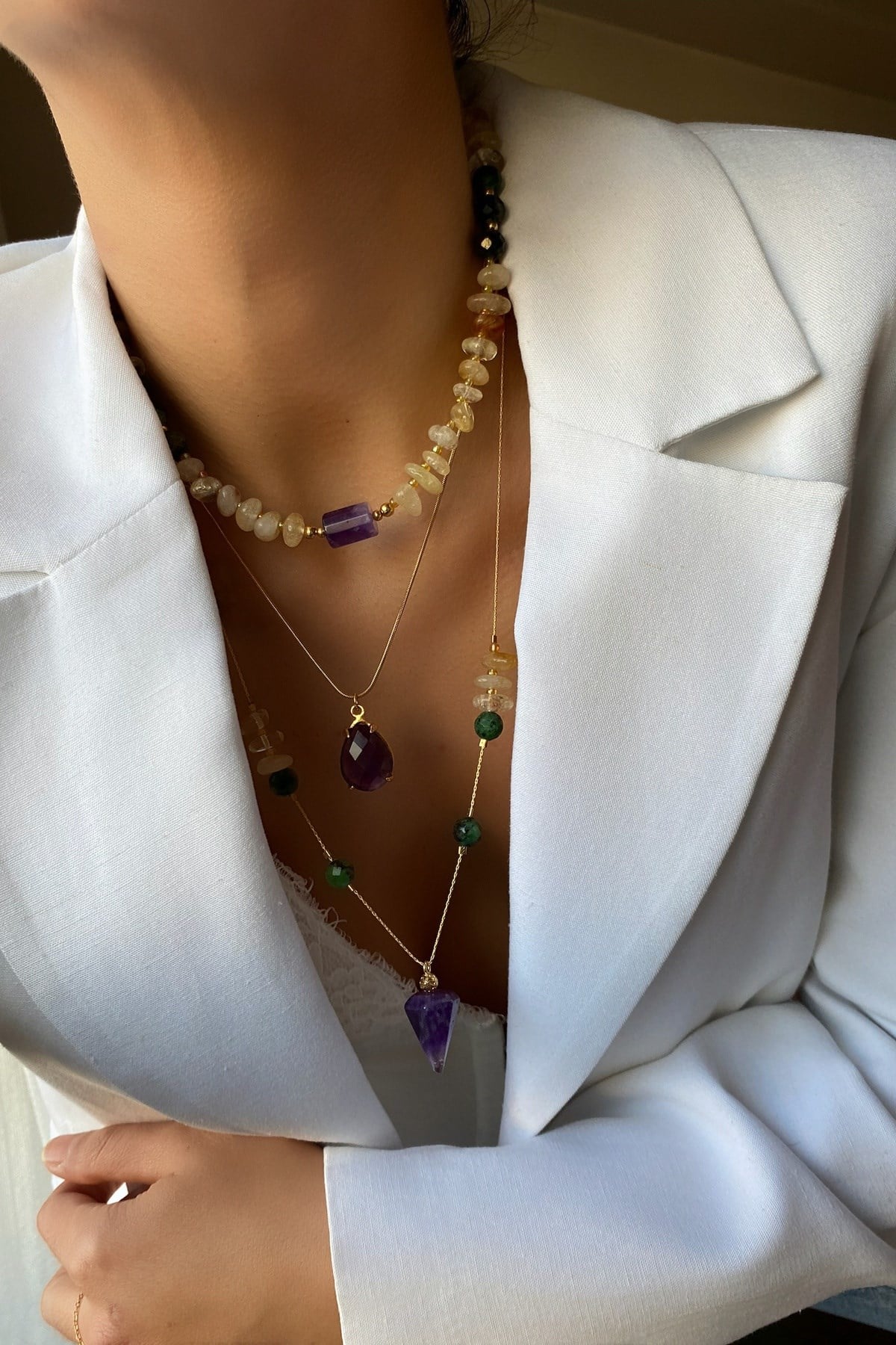 Sitrin & Ametist Taşı Kolye Seti (Tüm Set)