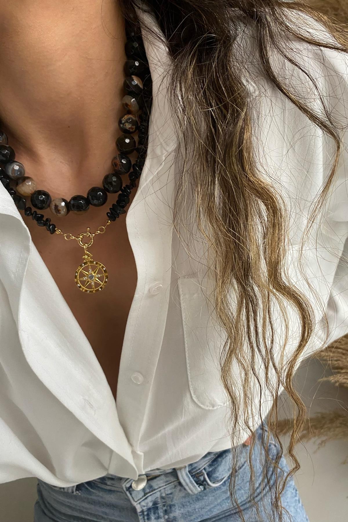 Siyah Akik Taşı Kolye Seti (Tüm Set) 