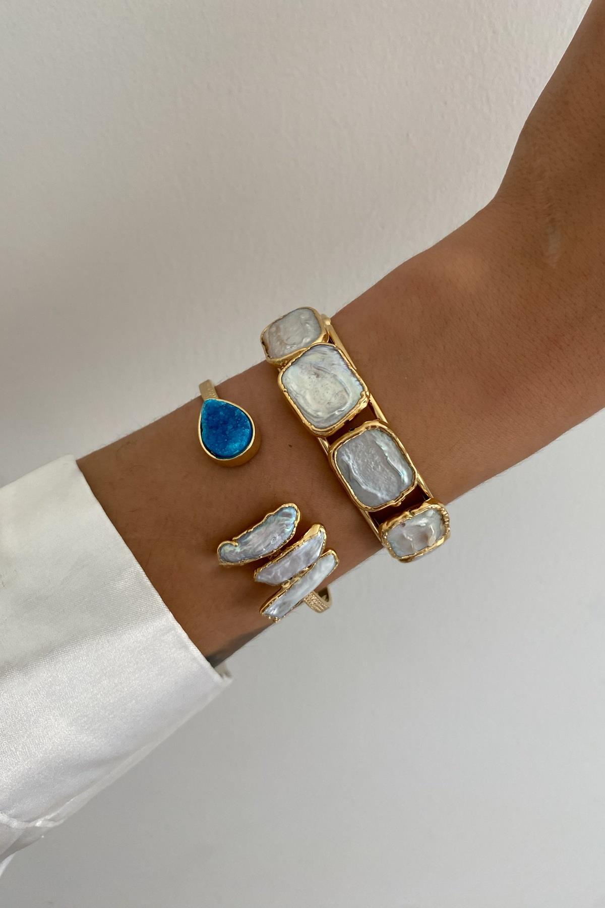 Turkuaz Dürüze & Barok inci Kelepçe Bileklik Seti (Sınırlı Adet)