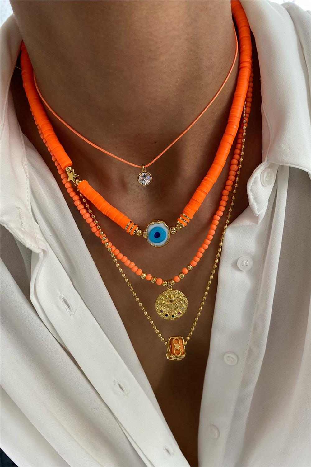 Turuncu Fimo Tasarım Kolye Seti (Tüm Set)