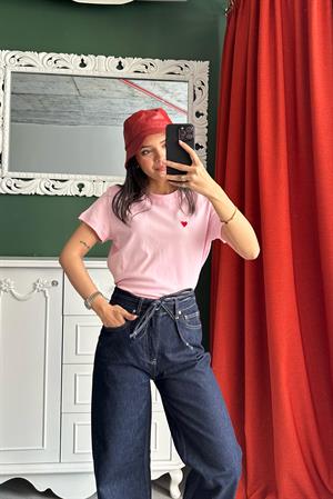 Bisiklet Yaka Pamuklu T-shirt AÇIK PEMBE