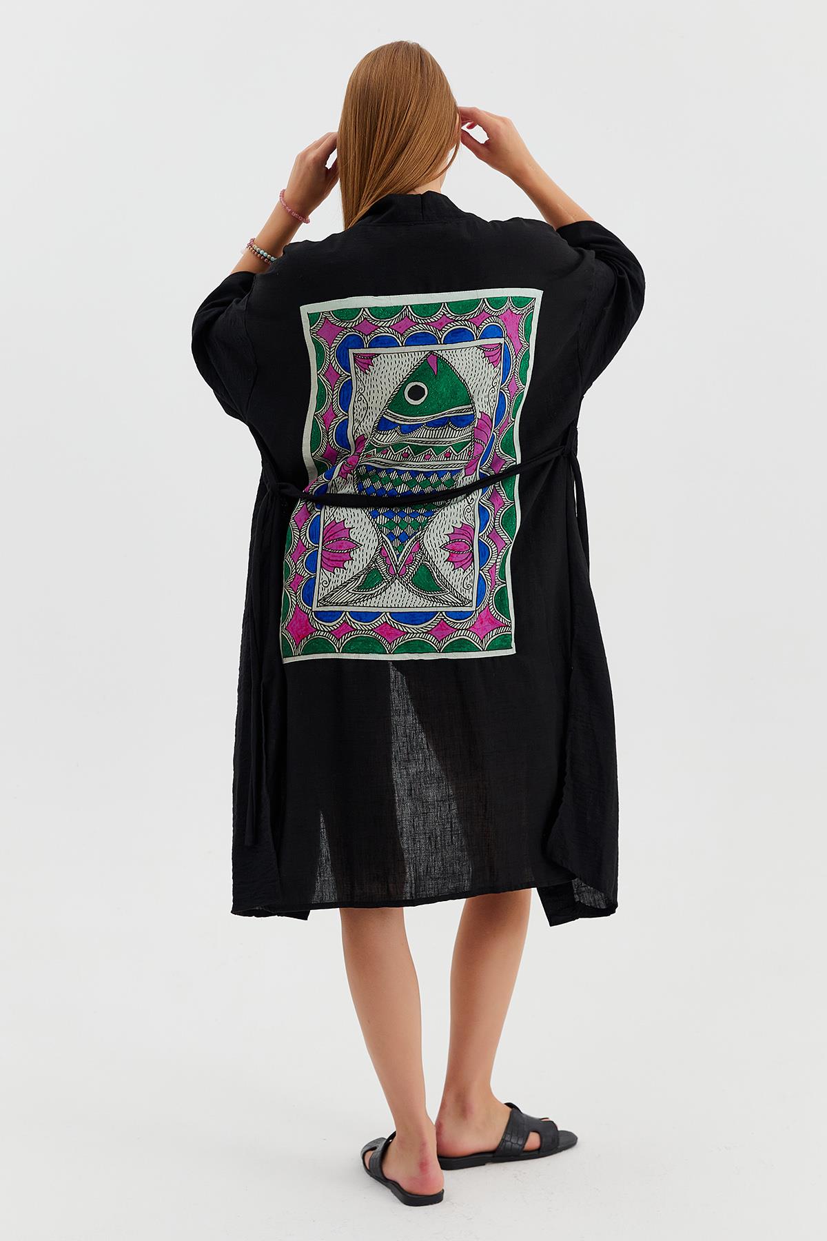 Arkası Balık Baskılı Kimono