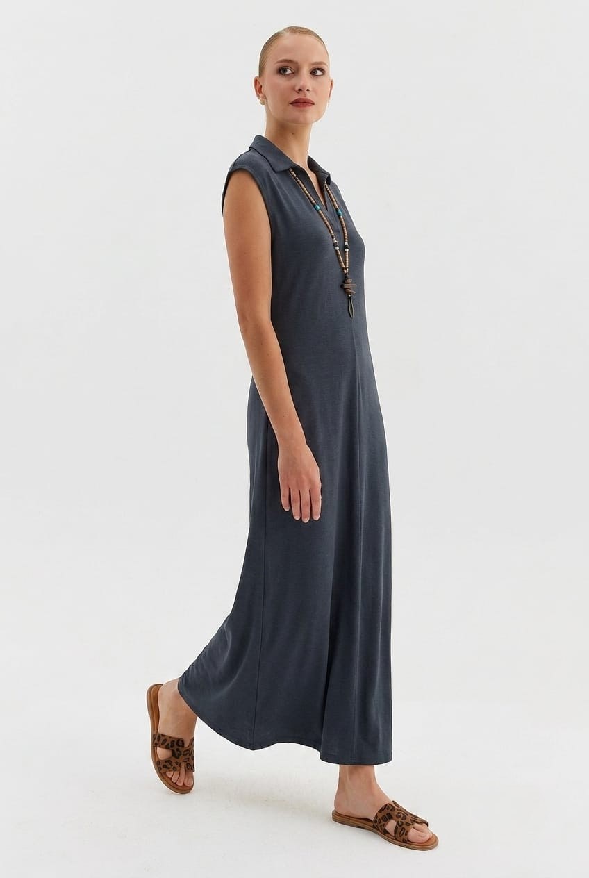 Polo Yaka Cepli Maxi Modal Elbise