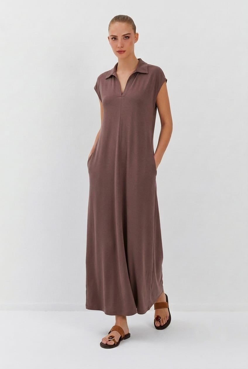 Polo Yaka Cepli Maxi Modal Elbise
