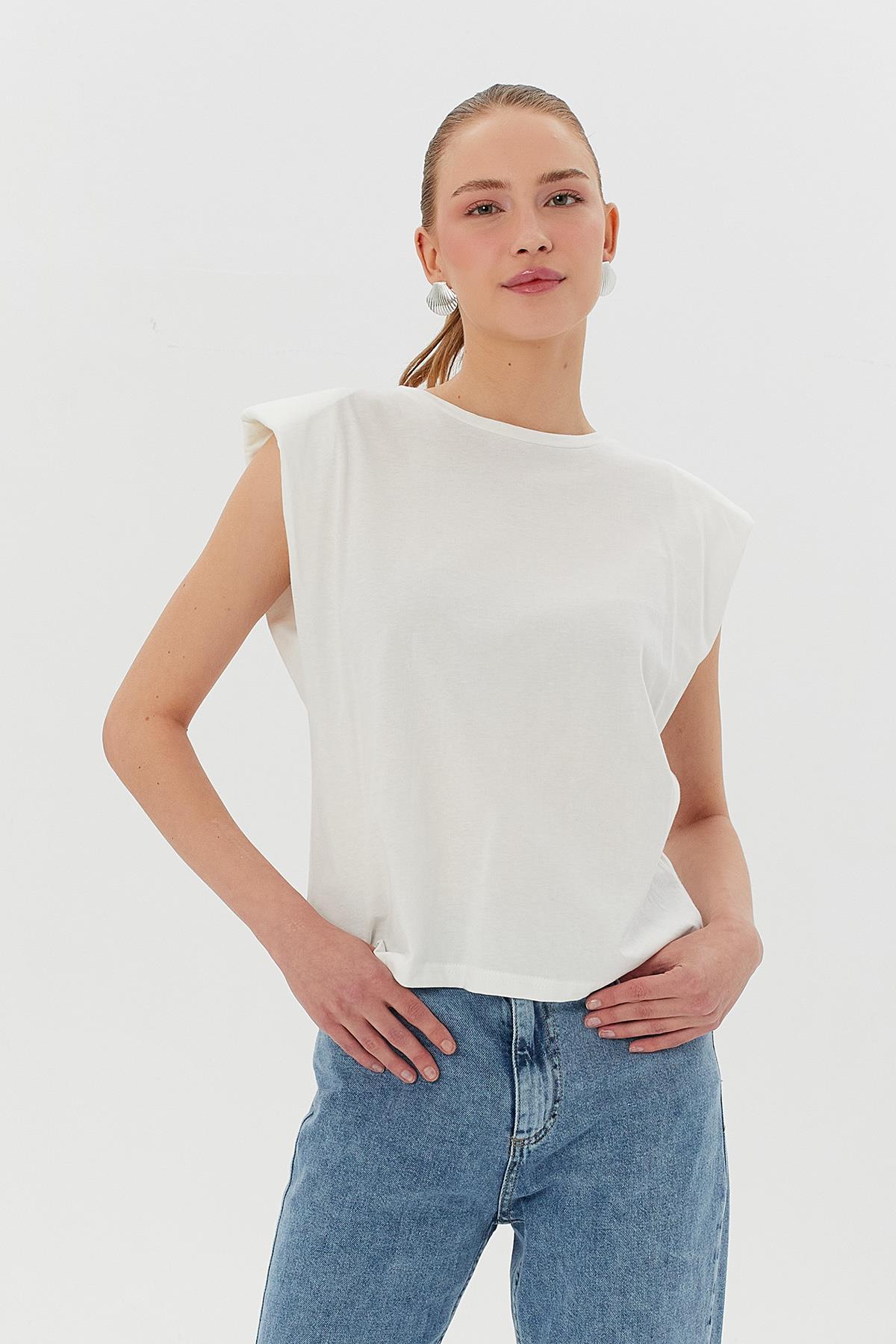 Vatkalı Ekru  Kadın Tshirt