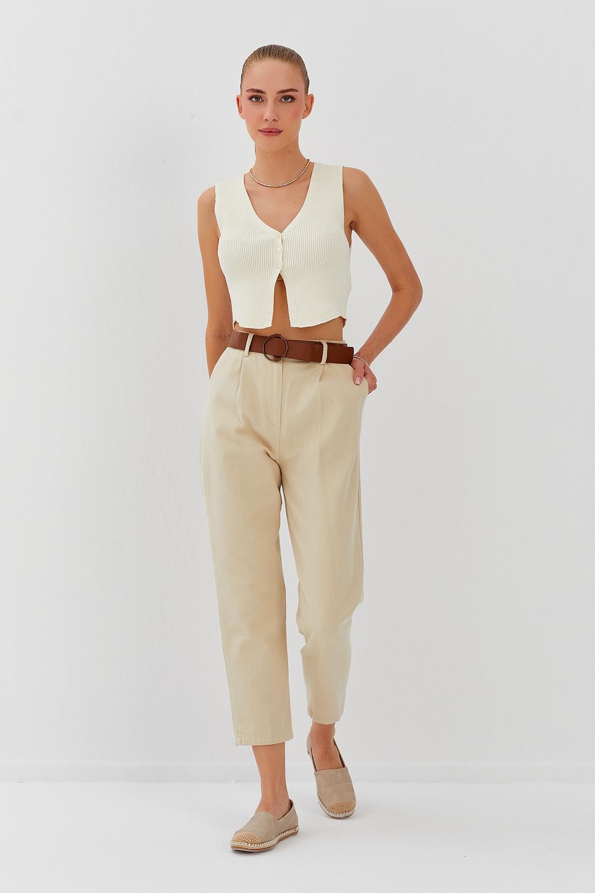 Beli Kemerli Gabardin Pantolon