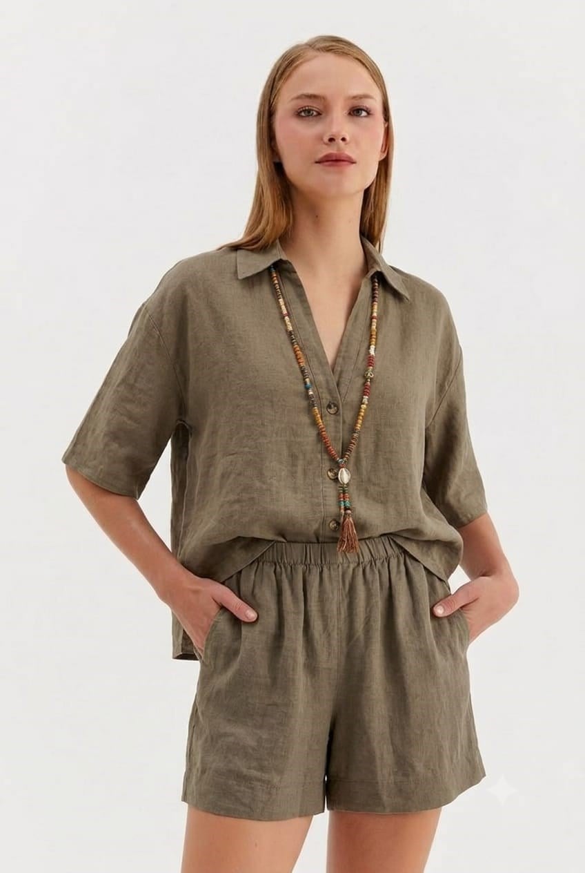 Beli Lastikli Basic Keten Şort