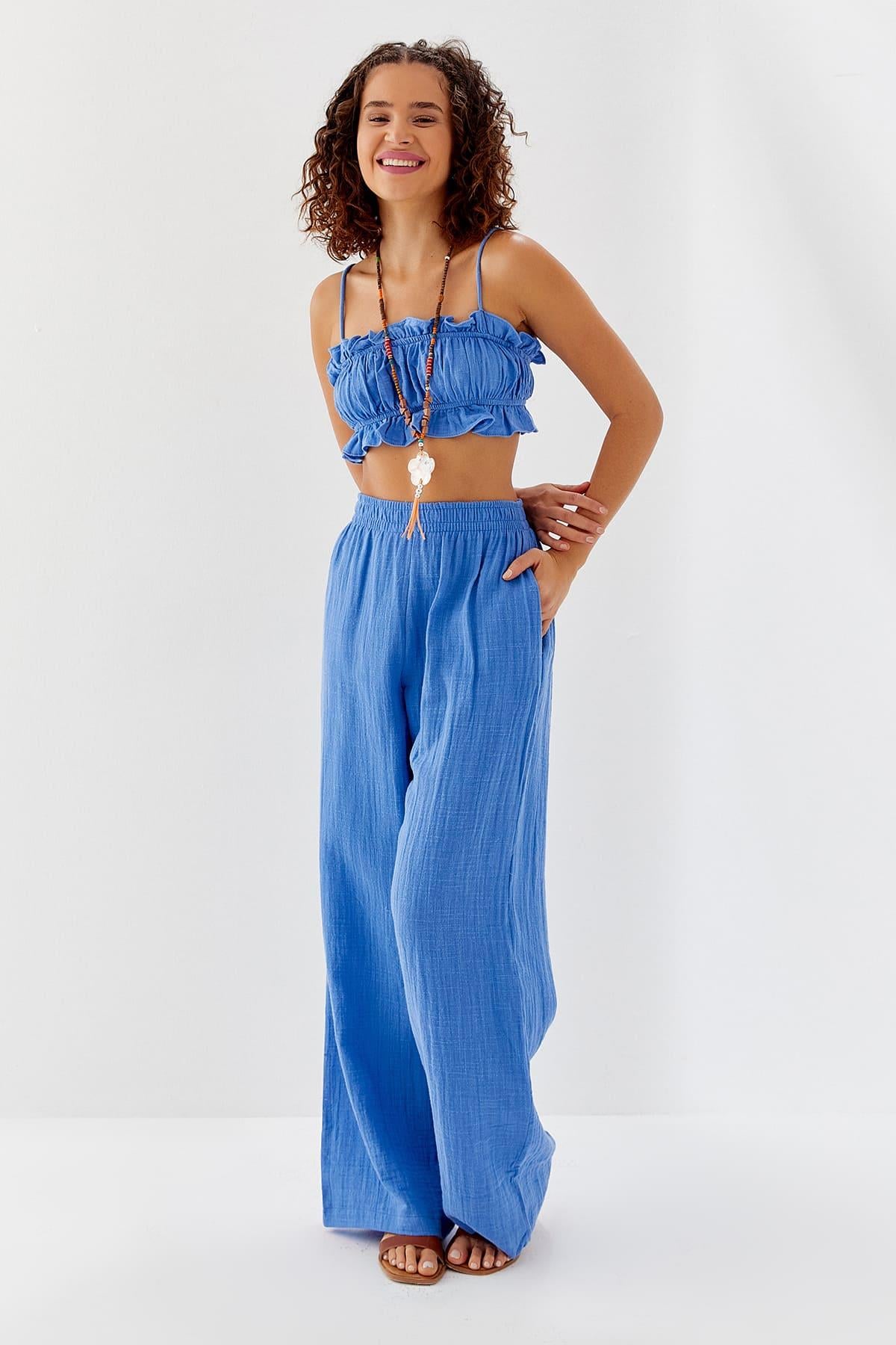 Kadın Müslin Saks  Crop Takım