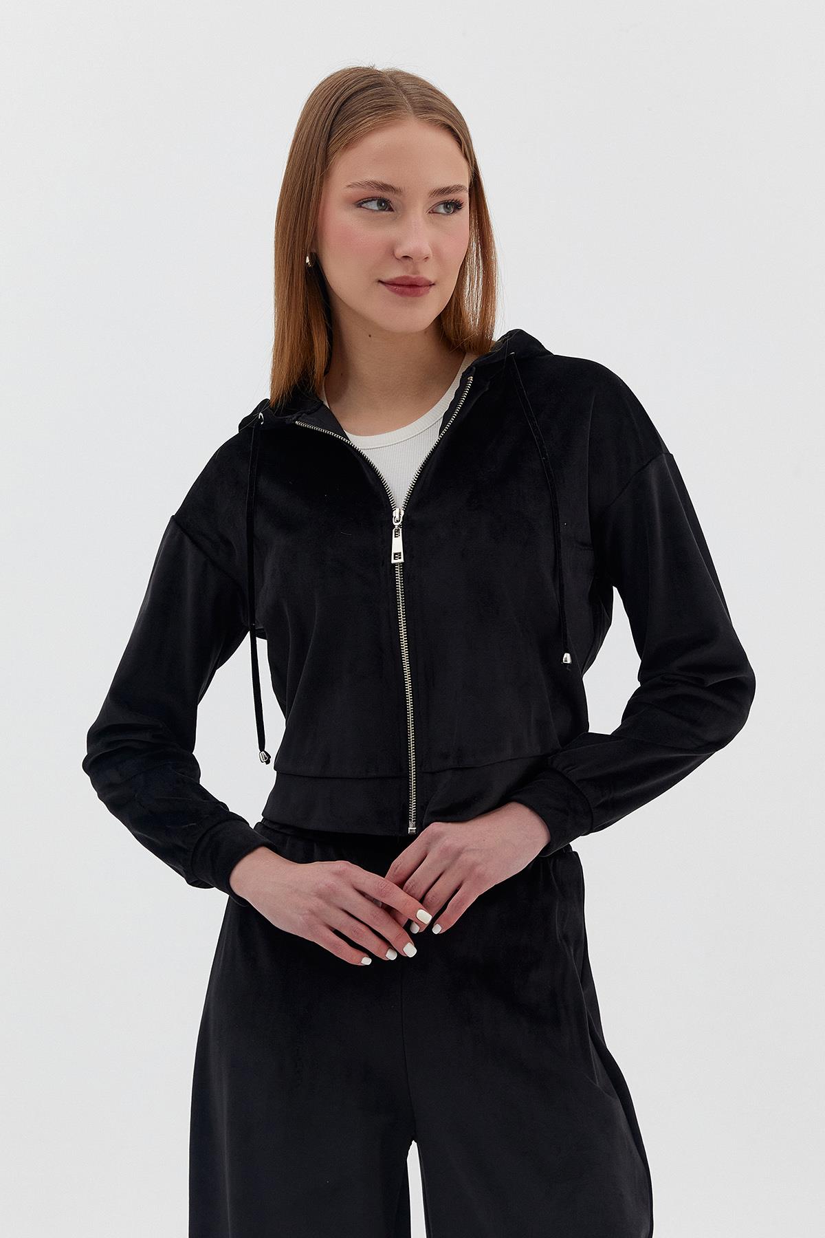 Kapüşonlu Fermuarlı Kadife Sweatshirt