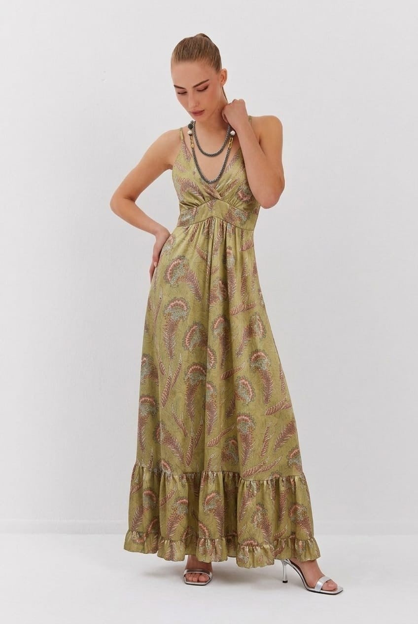 Lime Maxi Saten Elbise