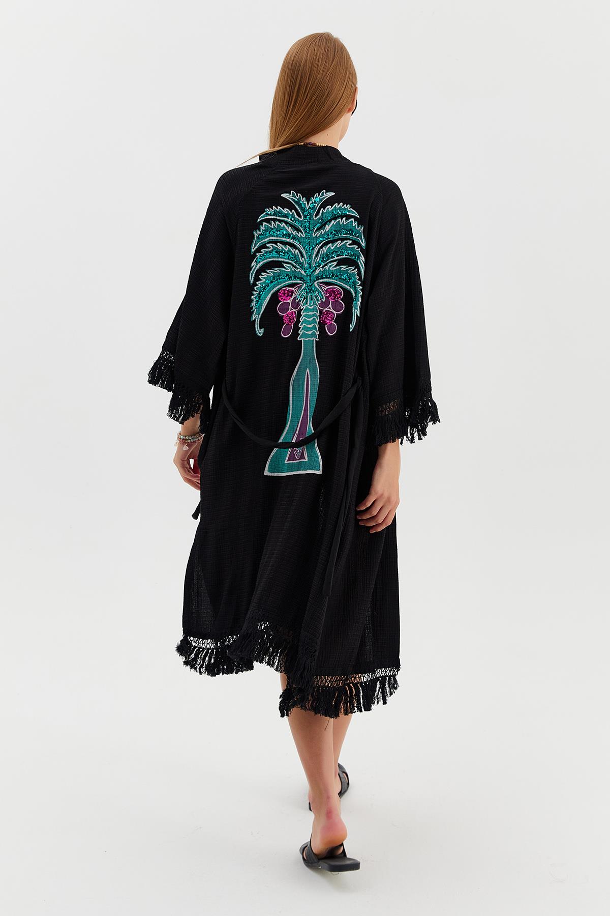 Palmiye Baskılı Püsküllü Kimono
