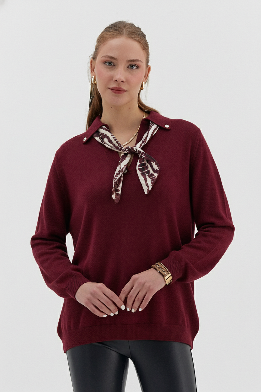 Polo Yaka Fularlı Uzun Kollu Triko