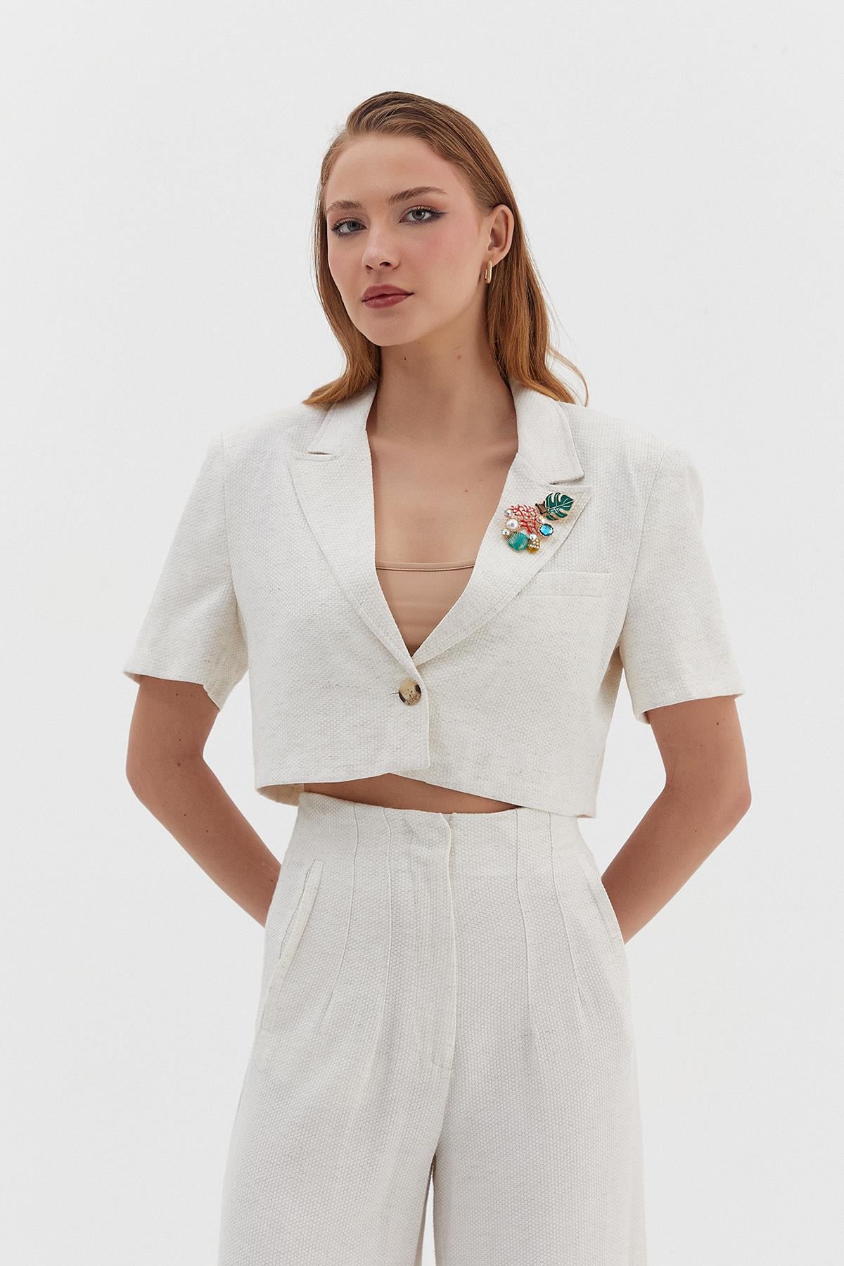 Yarım Kollu Keten Crop Ceket