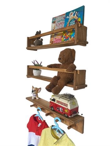 AHŞAP ÇOCUK ODASI ASKILIK VE MONTESSORİ KİTAPLIK RAF 3'LÜ 55 CM.