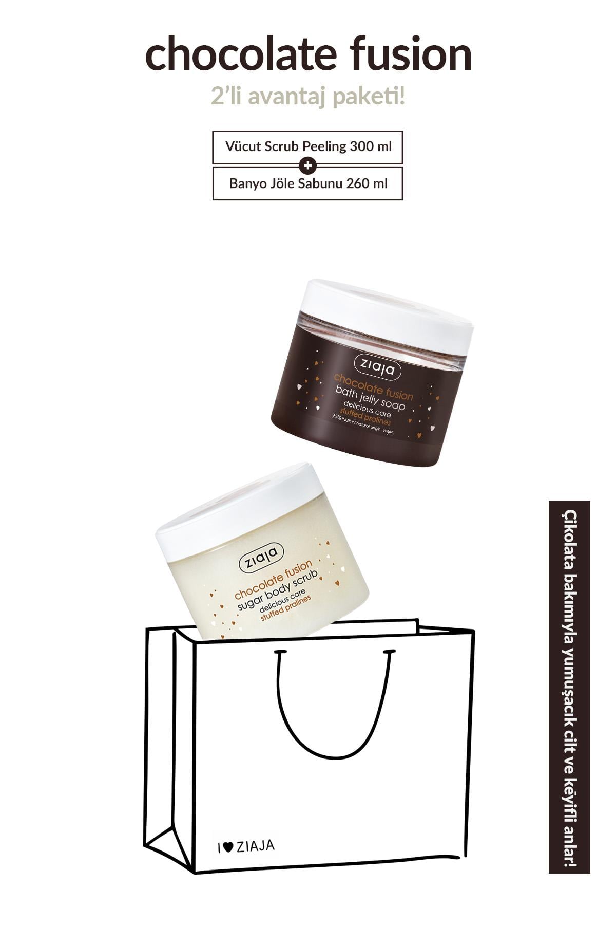 Çikolatalı Şeker Vücut Peelingi 300 ml + Çikolatalı Jel Banyo Sabunu 260 ml 2li Set