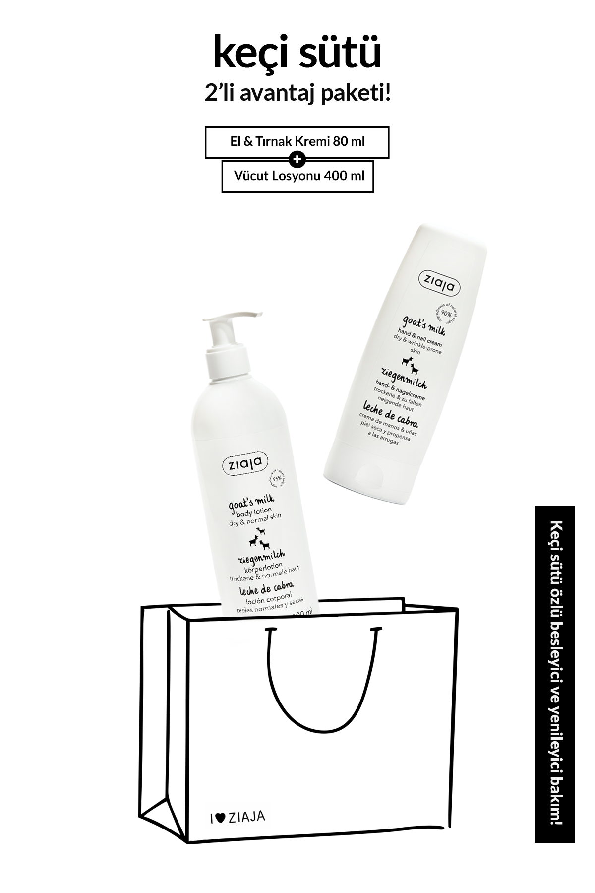 Keçi Sütü Besleyici Vücut Losyonu 400 ml + Keçi Sütü El & Tırnak Kremi 80 ml 2li Set