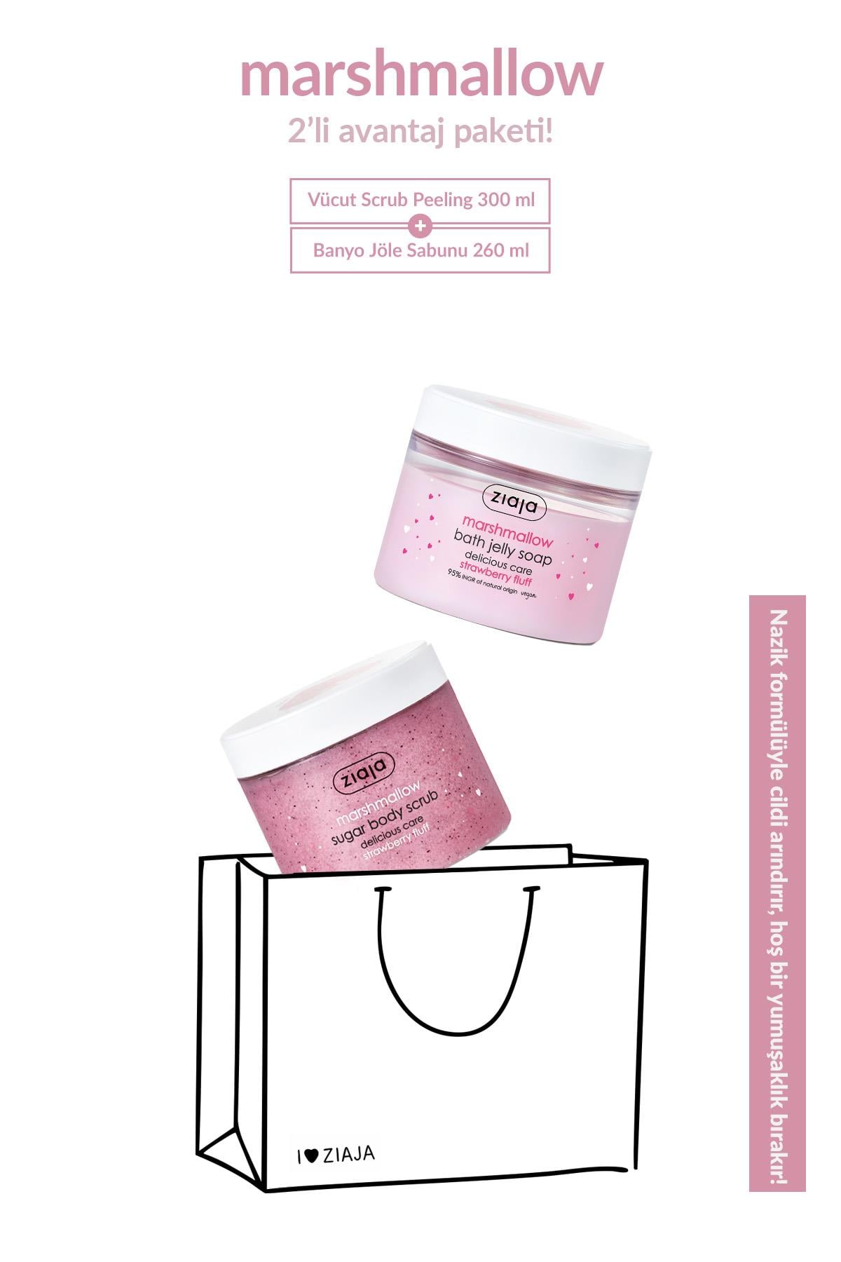 Marshmallow Şekerli Vücut Scrub 300 ml + Marshmallow Jel Banyo Sabunu 260 ml 2li Set 
