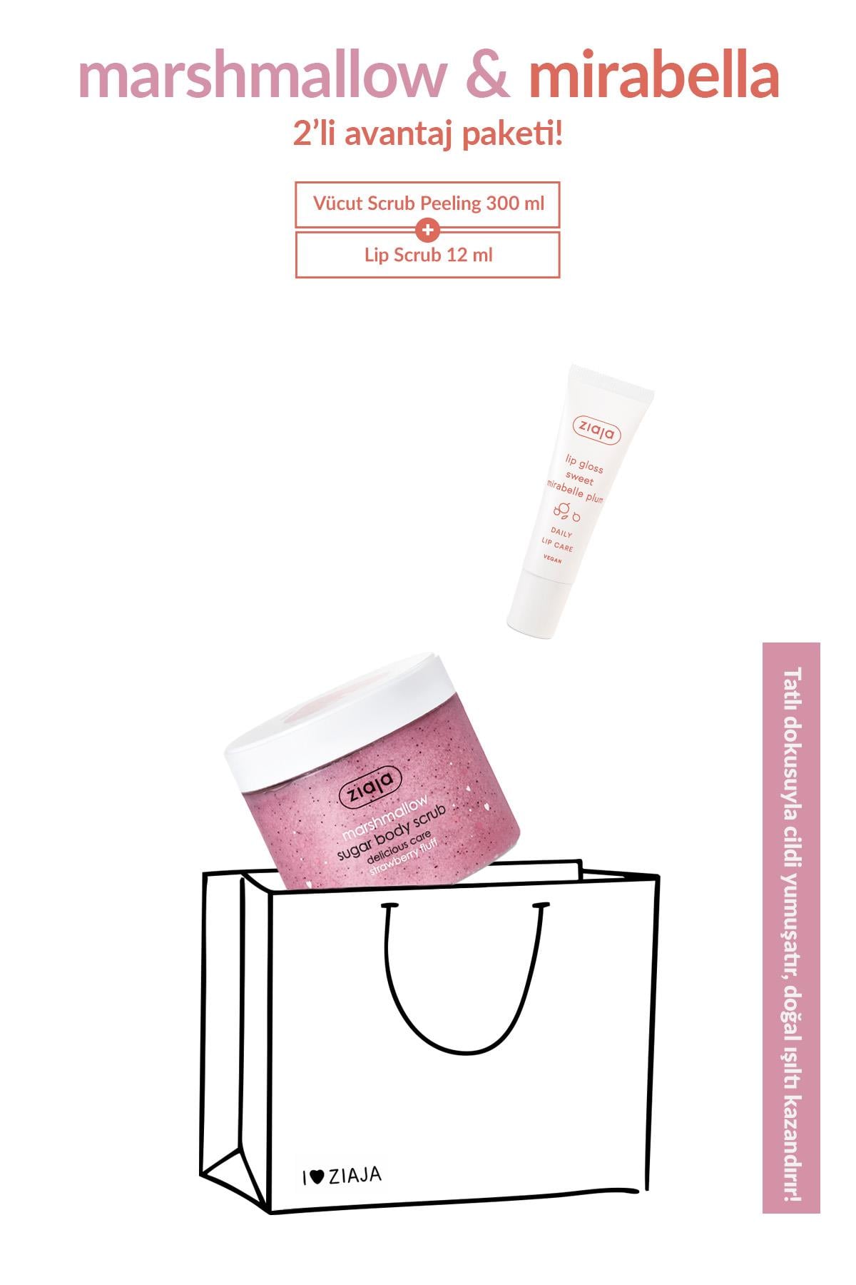 Marshmallow Şekerli Vücut Scrub 300 ml + Erik Aromalı Dudak Peelingi 2li Set