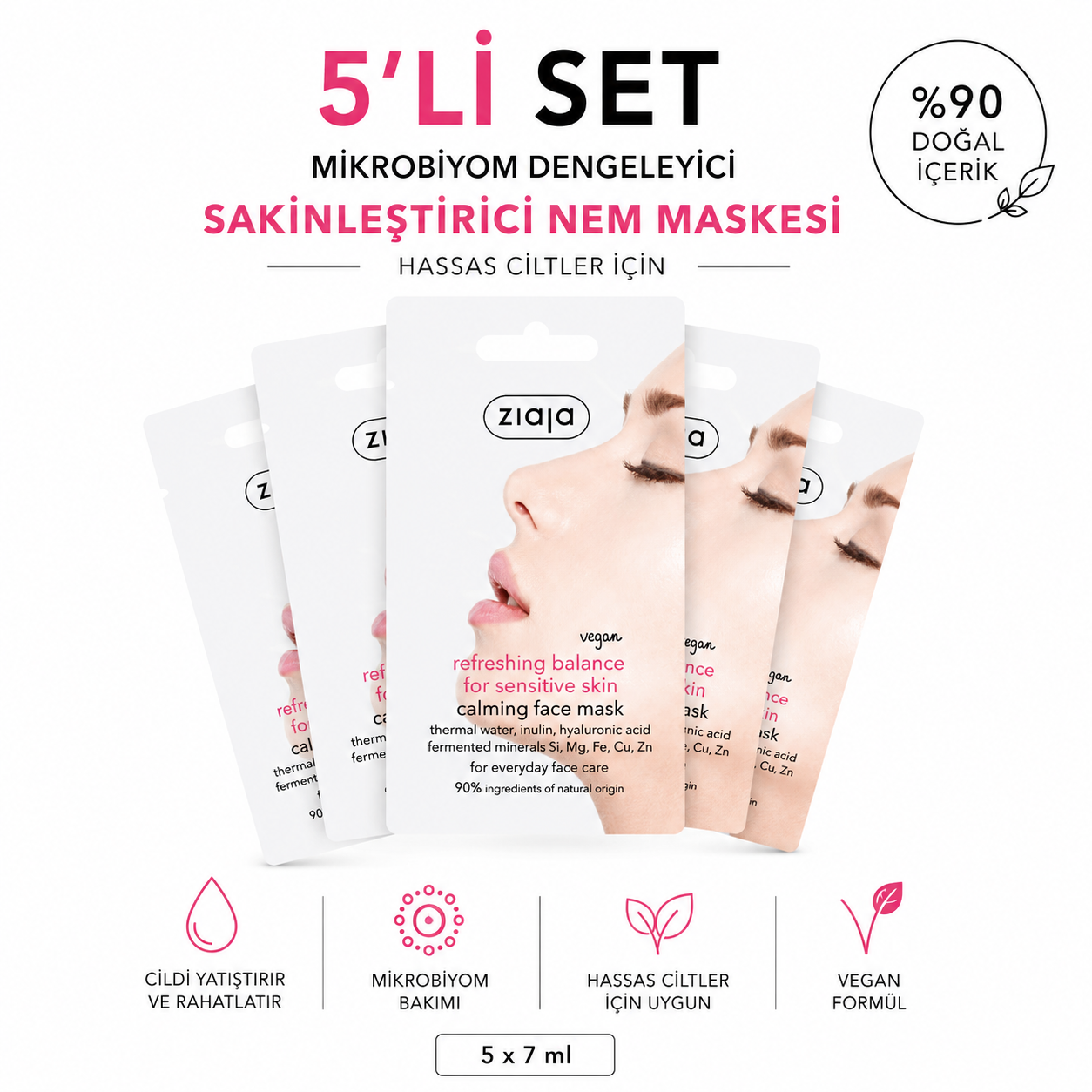 Ziaja Ferahlatıcı Dengeleyici Yatıştırıcı Yüz Maskesi 7 ml (5li Set)